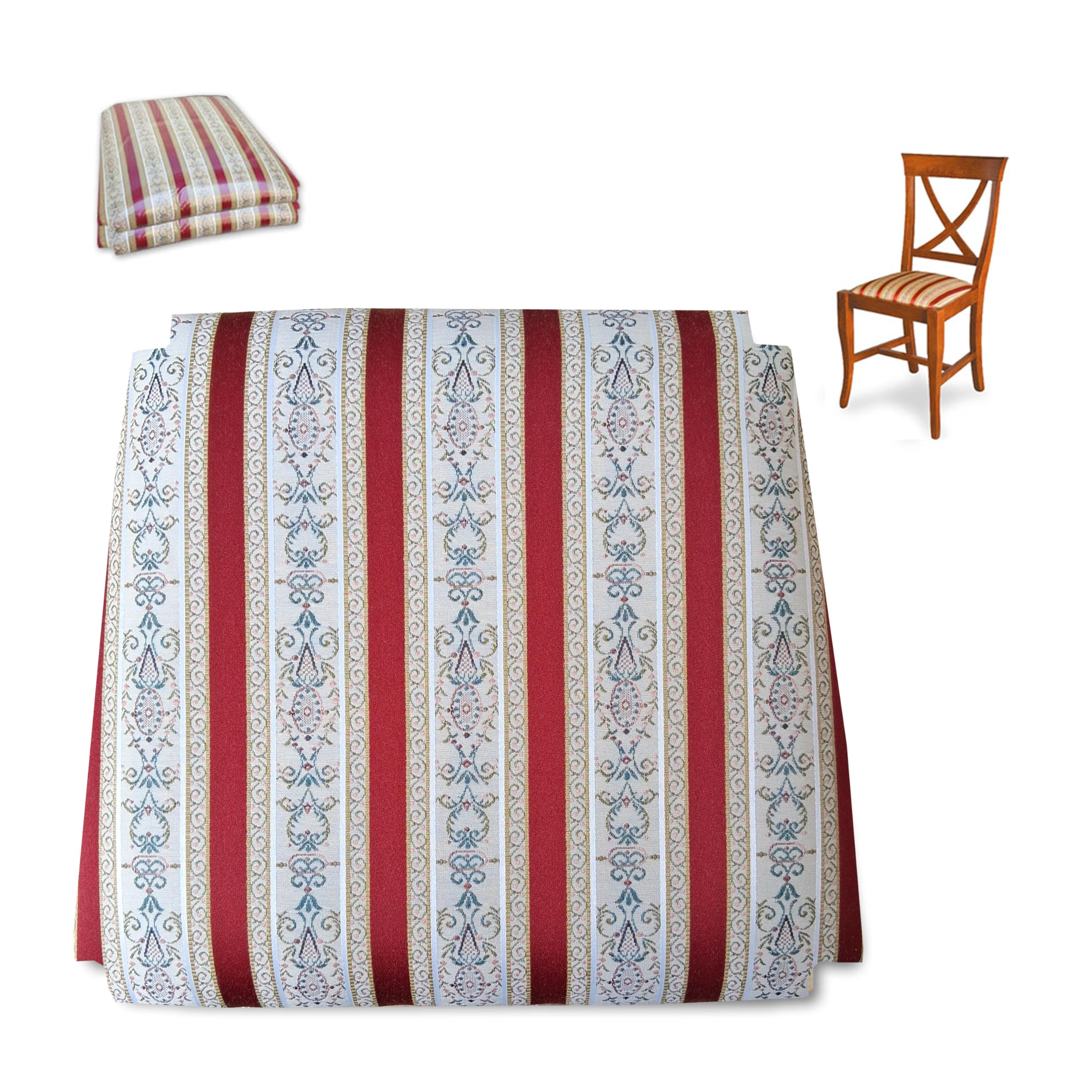 FacilCasa 2x Sedute in Stoffa per Sedie, Fondo Ricambio Seduta con Gommapiuma e Stoffa a Righe Rosso Stile Impero, con Telaio Legno Robusto (37,5x33 x h6) - Modello Classico