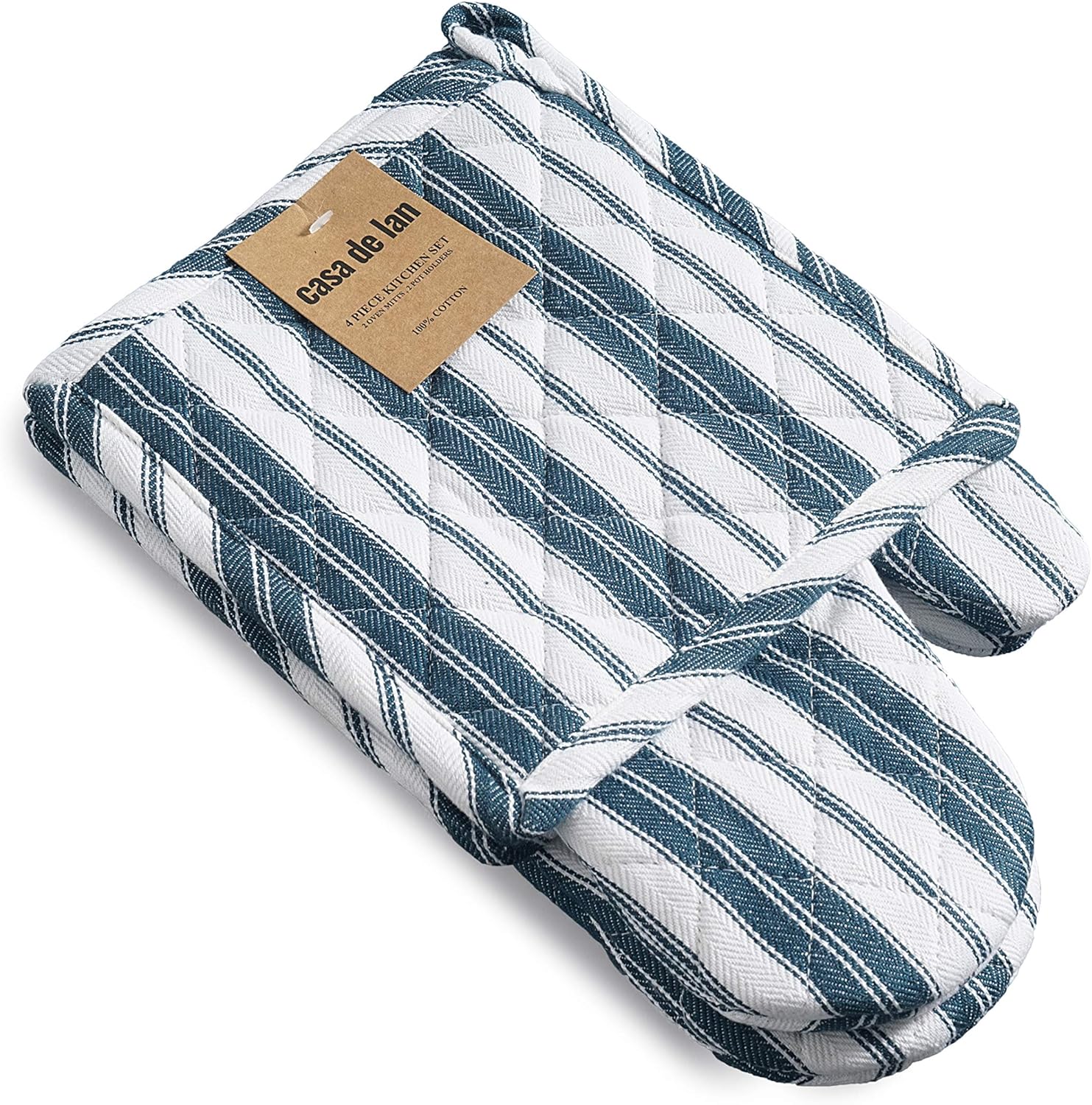 1 Oven Mitt, 1 PotHolder & 1 Kitchen Apron Set - Durable Heat Resistant Gloves - Thick Mittens for Kitchen - Suitable for Cooking, Baking, Grilling – Men & Women – Navy Blue Stripes - Casa De Lan - Image 7
