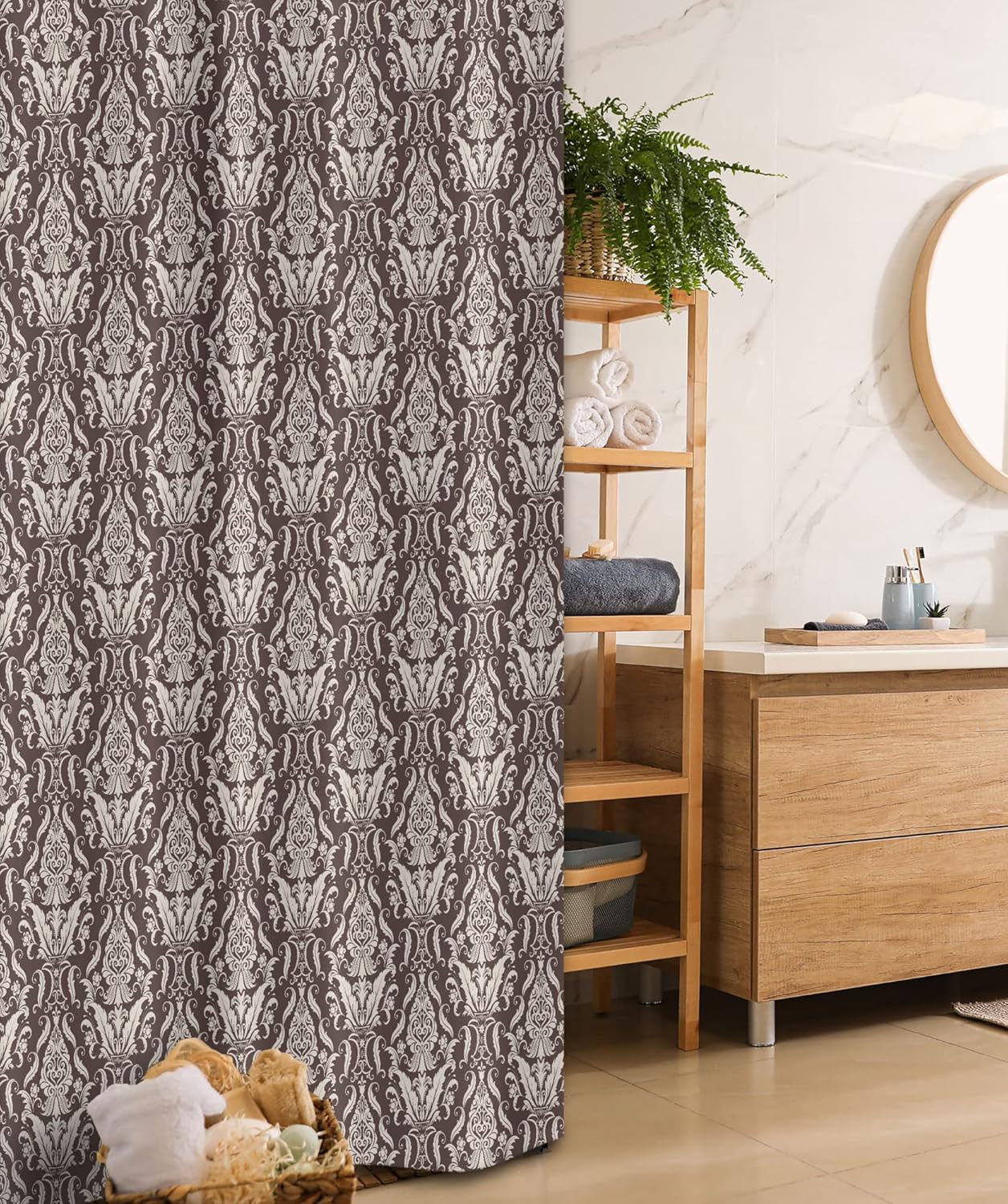 Ambesonne Damask Stall Shower Curtain, Wildflowers with Symmetric Leaves Vintage Arrangement Curls and Swirls Design, Fabric Bathroom Decor Set with Hooks, 36" W x 72" L, Dark Brown