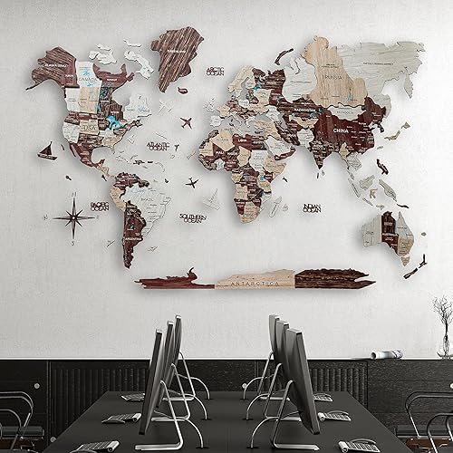 Miniatura 9 de Mapa del mundo de madera 3D, decoración de pared 3D con mapa de madera del mundo, fácil instalación con cinta de doble cara, incluye complementos,