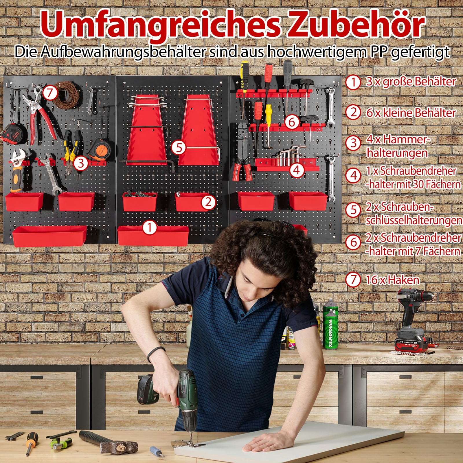 GYMAX Werkzeugwand aus Metall, 120 x 60 x 2 cm, Werkzeughalter Set mit Haken, Aufbewahrungsboxen & Werkzeughalter, Werkzeug Lochwand für Werkbank, Garage, Bastelraum