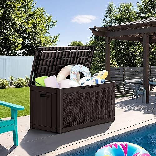 Miniatura 3 de GUNJI Caja de resina de 100 galones con cojín, caja de almacenamiento grande resistente a la intemperie al aire libre, contenedor de almacenamiento