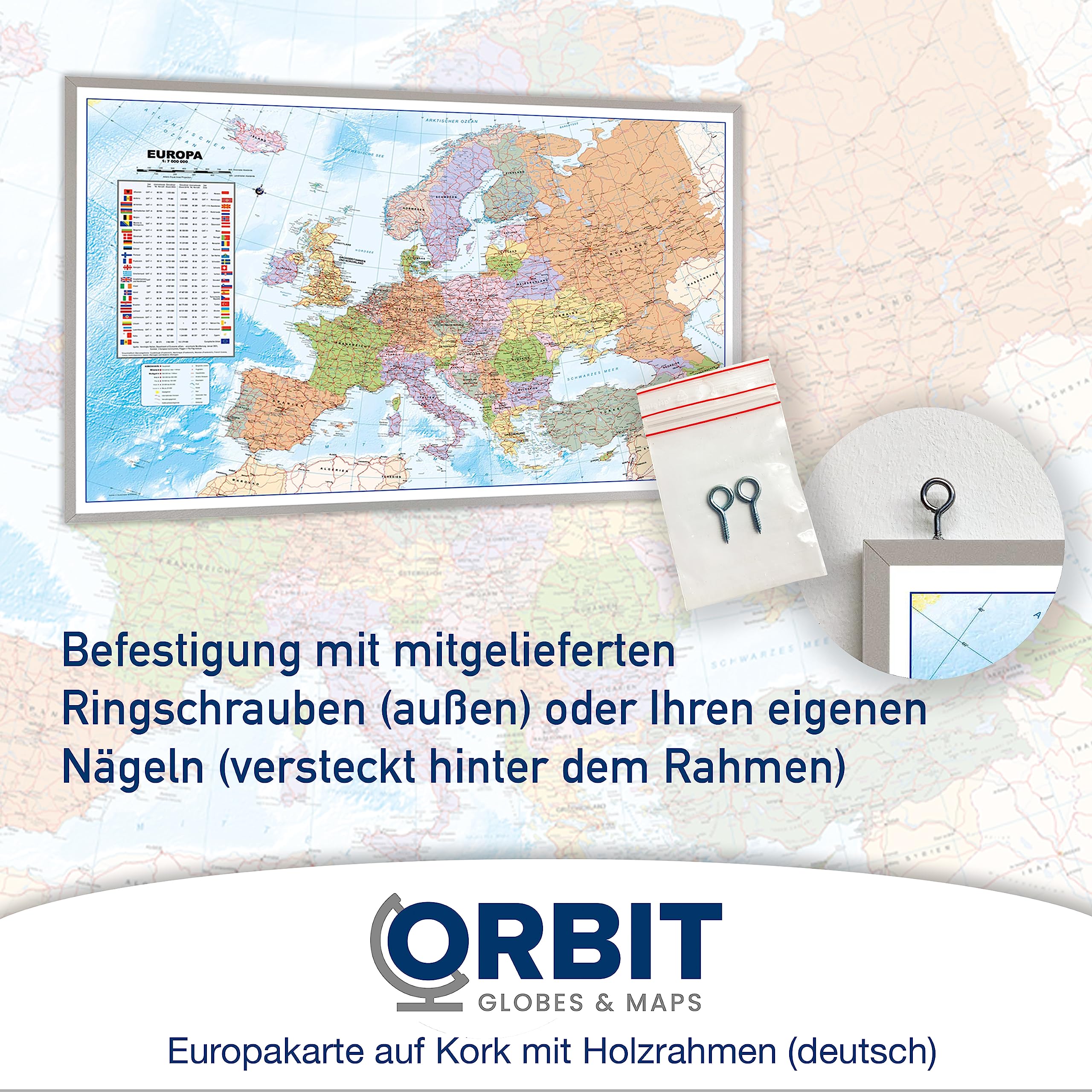 ORBIT GLOBES & MAPS - Politische Europakarte in deutsch, Pinnwand mit Holzrahmen, Aktuell 2025, 90x60 cm, deutsch, Maßstab 1:46 Mio mit Fähnchen und Pins sowie Befestigungsmaterial