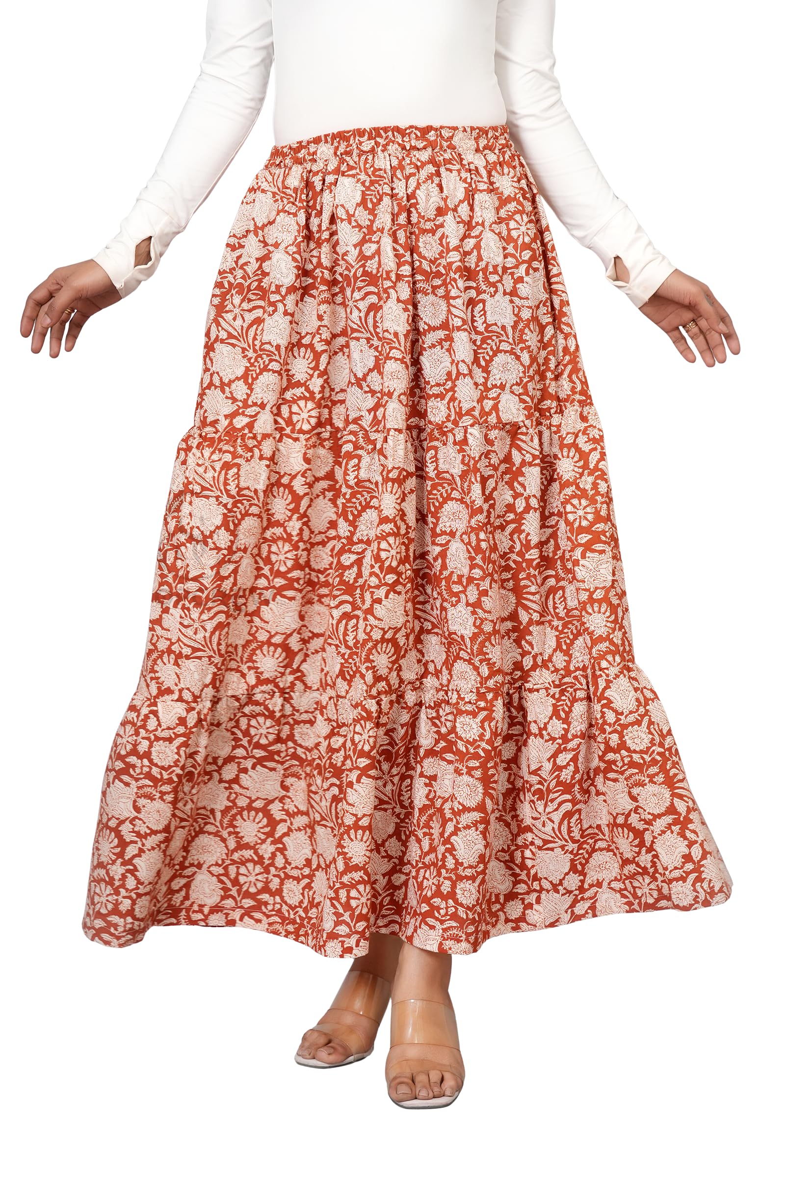 Women Cotton Floral Foliage Style Maxi Skirt with Elastic Waist, Soft Versatile Floral Hand Block Print, Rust Orange-image-29