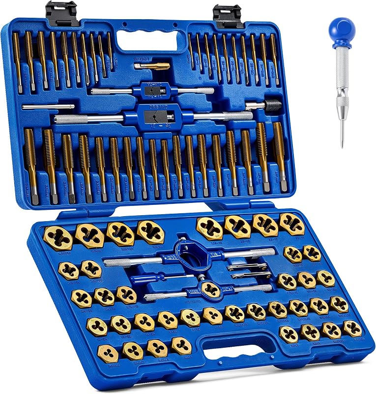 OMT 87pc Tap and Die Set, Titanium-Plated SAE and Metric Threading Kit | M3-M16 and #4-5/8 Inch, GCr15 Bearing Steel, Internal and External Threads, Center Punch, Mechanics Machinists Garage & Shop