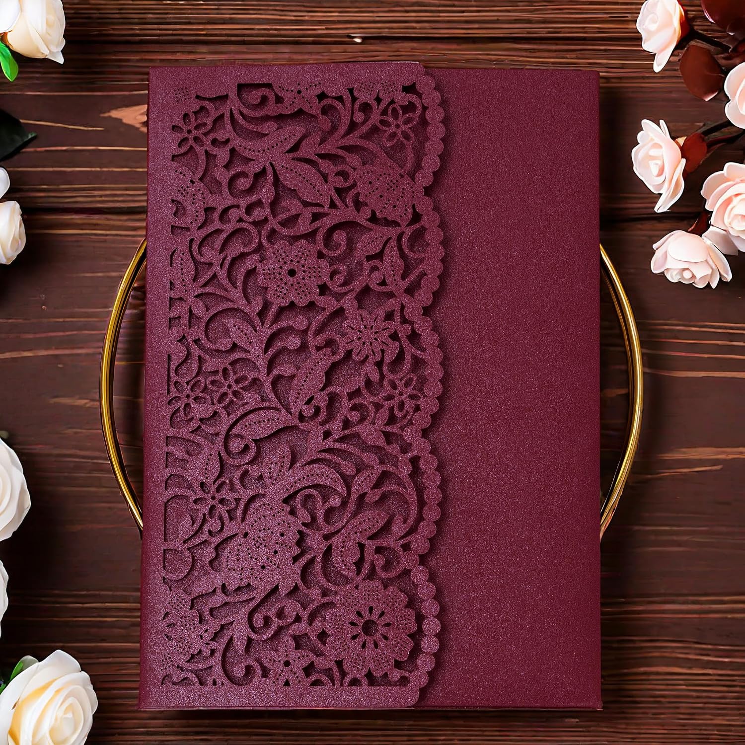 20 pcs Laser Cut Invitations Cards Pockets with Ribbons Floral Design for Wedding Party Bridal Shower Birthday Quinceañera Invite 5.12 by 7.24 inches (Burgundy)