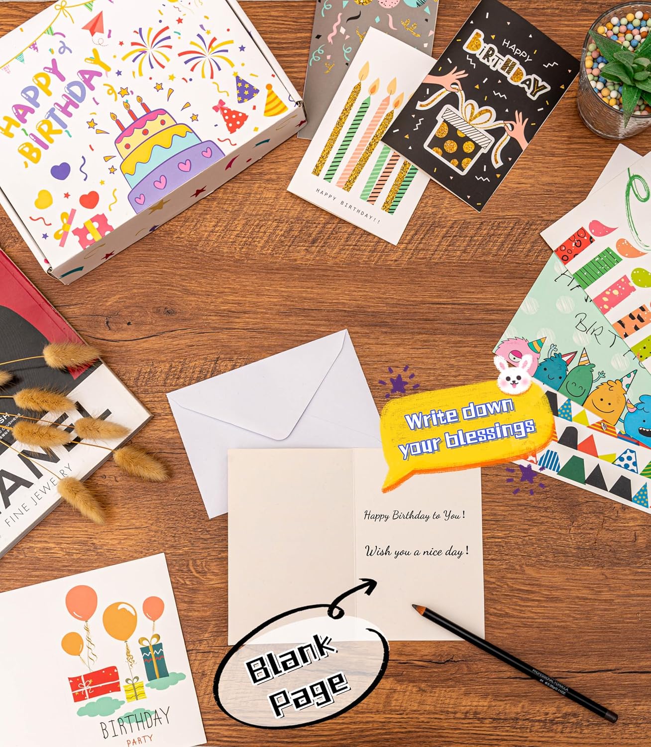 36 Unique Assorted Birthday Cards with Envelopes & Stickers, 4×6 inches Blank Happy Birthday Card Bulk, Box of Birthday Cards for Kids, Men, Women (36pcs)