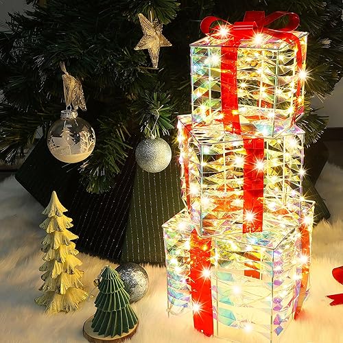 Lulu Home Set of 3 Christmas Decorations, 140 LEDs Light Up Boxes with Red Bows, Plug-in Lighted Xmas Boxes with Timer for Christmas Trees Holiday Display Party Indoor Decors