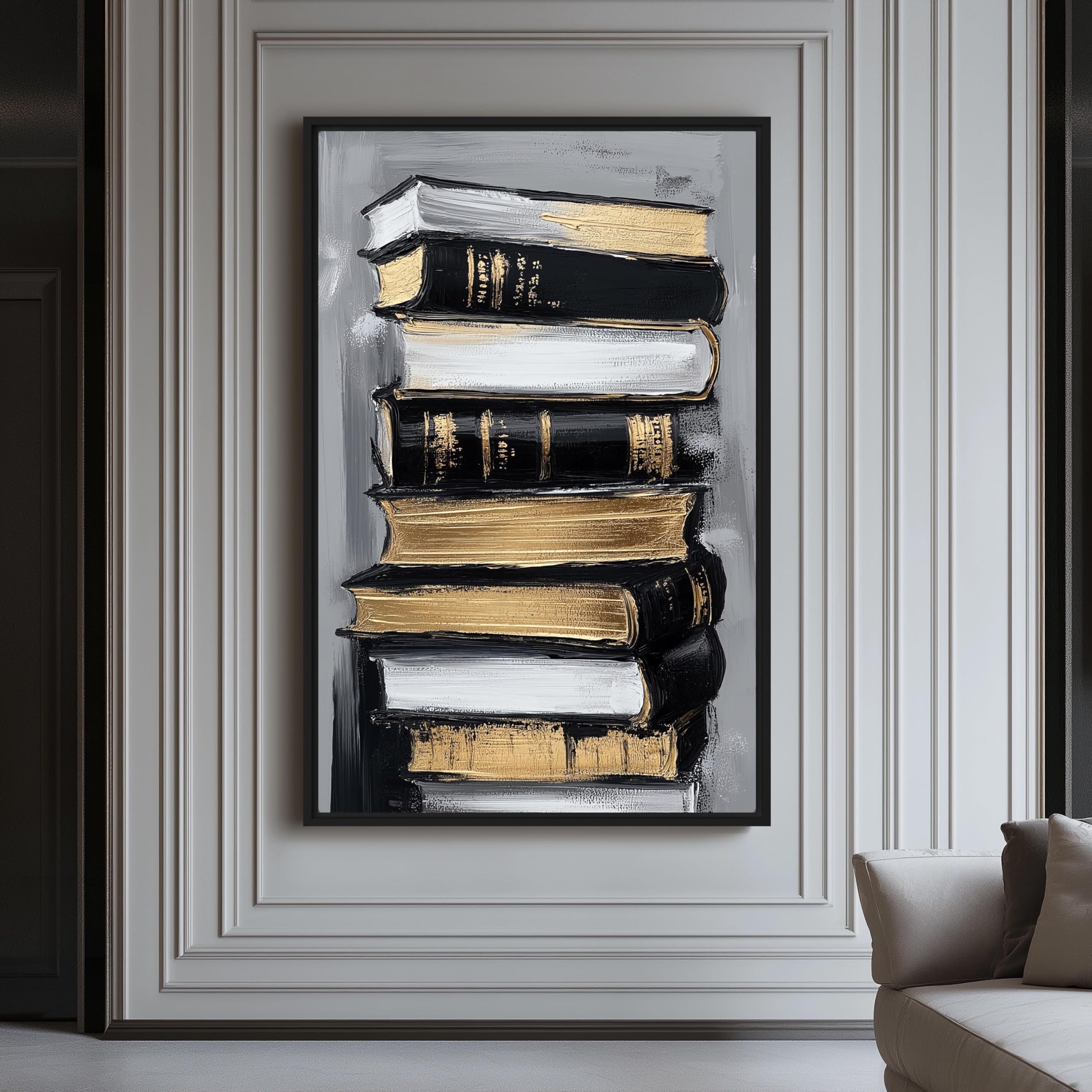 TONGYINLI Cuadro abstracto de libros pintado al óleo sobre lienzo: Póster impreso de pila de libros, cuadros de pared en negro y dorado para la decoración del hogar (80x120cm/marco interno)