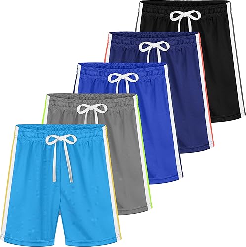 Poroka Paquete de 5 pantalones cortos de malla para niños pequeños, de secado rápido, pantalones cortos deportivos con cordón para correr, baloncesto