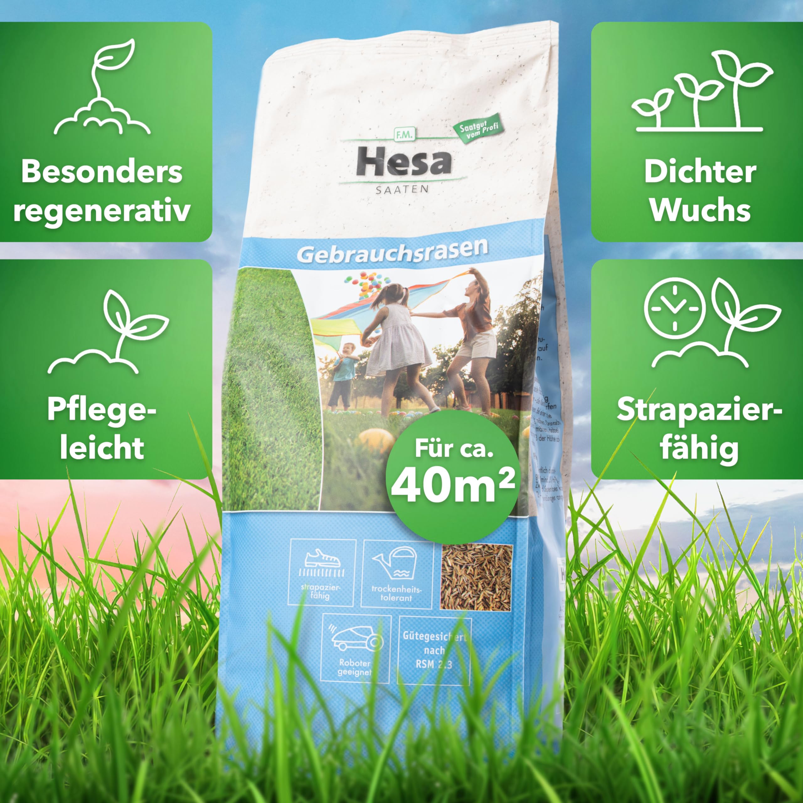 Hesa Gebrauchsrasen 1 kg für 40 m², RSM 2.3, schnellkeimende Premium Rasensamen Sport- und Spielrasen, Grassamen strapazierfähig und robust in Profiqualität