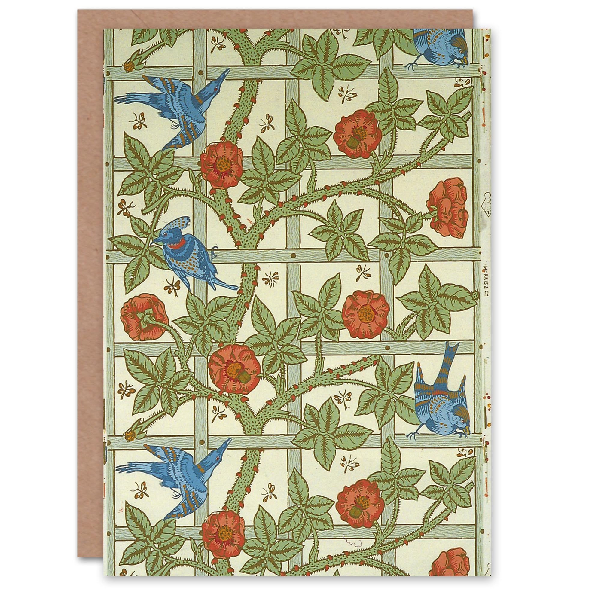 Artery8 William Morris Trellis Rose Bush & Birds Greeting Card - Green