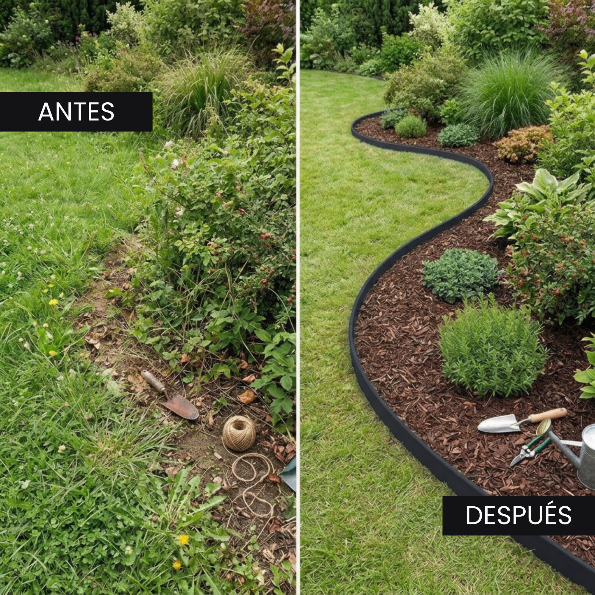 Ediesi, Bordura Jardín Exterior, 10 m, Flexible, Borde plástico Resistente 5 mm, borduras para delimitador césped, Caminos fácil instalación con 30 Piquetas (Negro, 10 Metros) — view 4