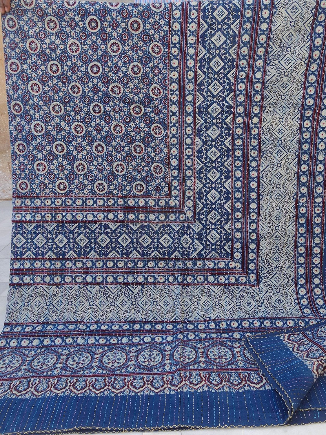Sophia-Art Queen Size Hand Block Print Kantha Quilt 90x108 Inch Ajrakh Bedspread Vegetable Dye Blanket Indigo Print (Blue Red 2)