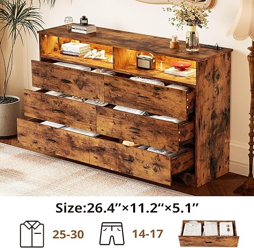 Miniatura 4 de LIKIMIO Cómoda marrón de 6 cajones de 59 pulgadas con LED y tira de alimentación, aparadores y baúles con armario de almacenamiento para dormitorio