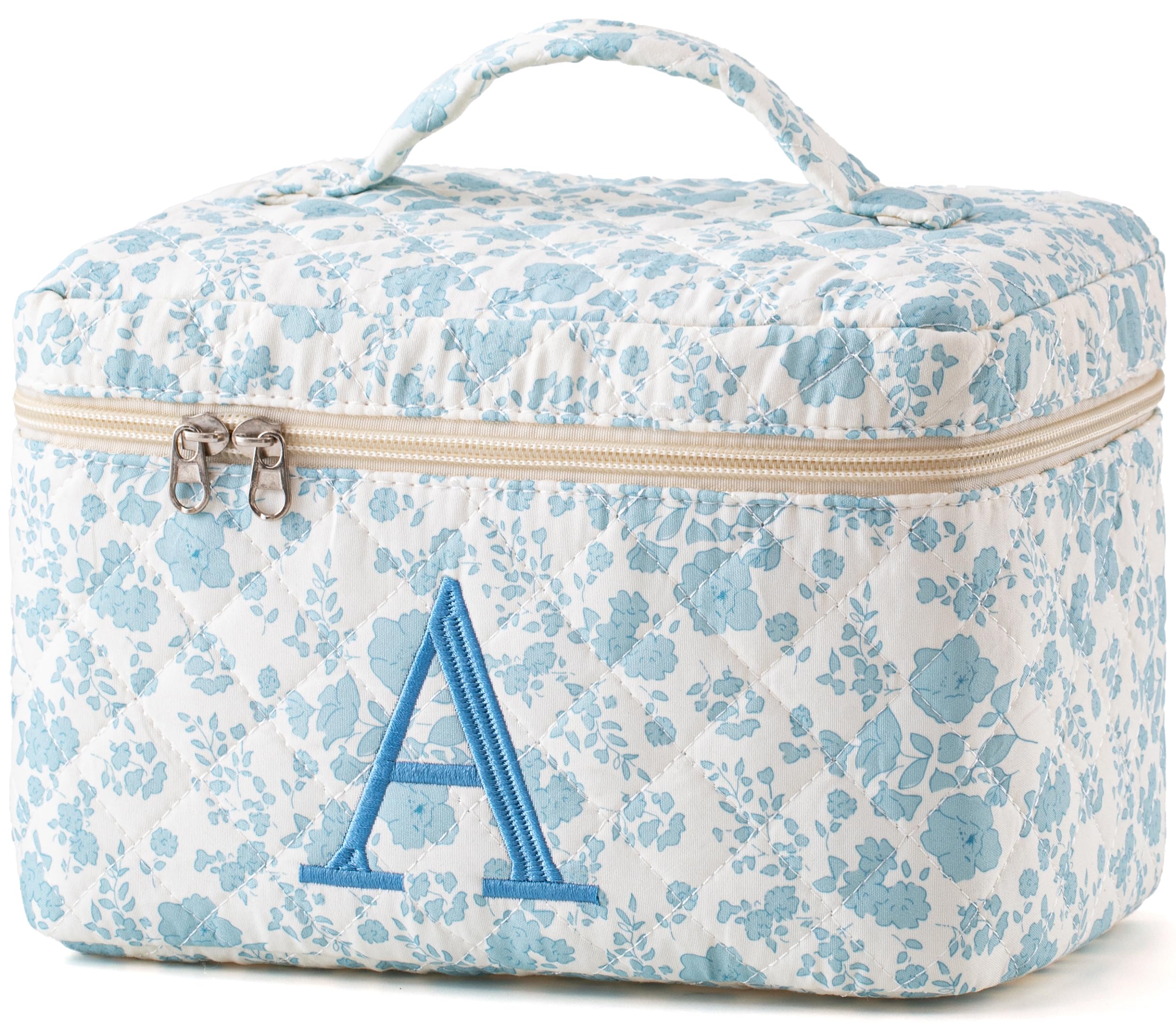 HBselect Initial Quilted Makeup Bag, Cotton Large Travel Make up Bag, Cute Floral Coquette Cosmetic Bag Toiletry Bag for Women Girls A