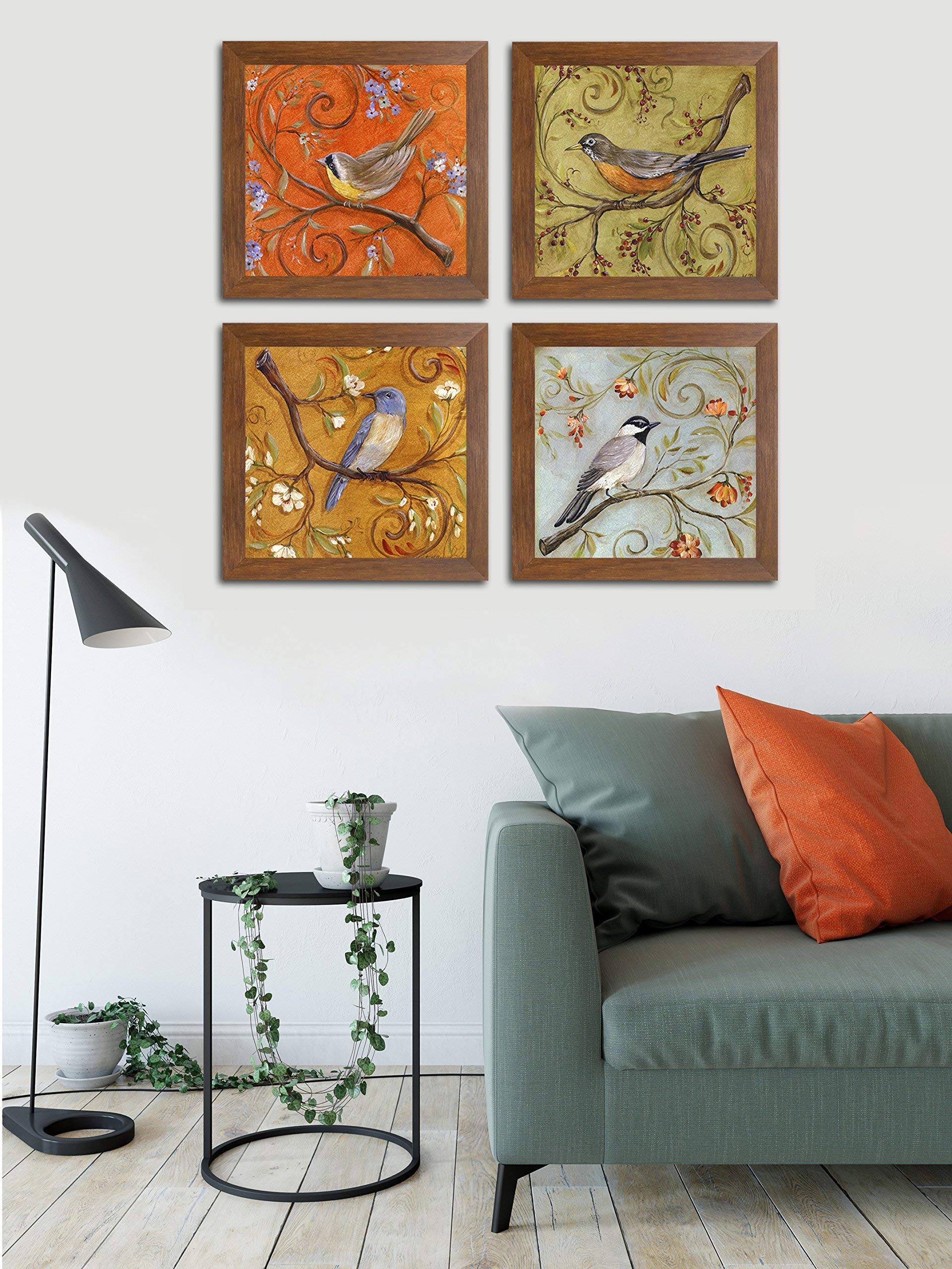 Painting Mantra - Multicolor Jardine Birds Set of 4 Brown Framed Painting,UV Textured Art Prints (10 x 10 inch)