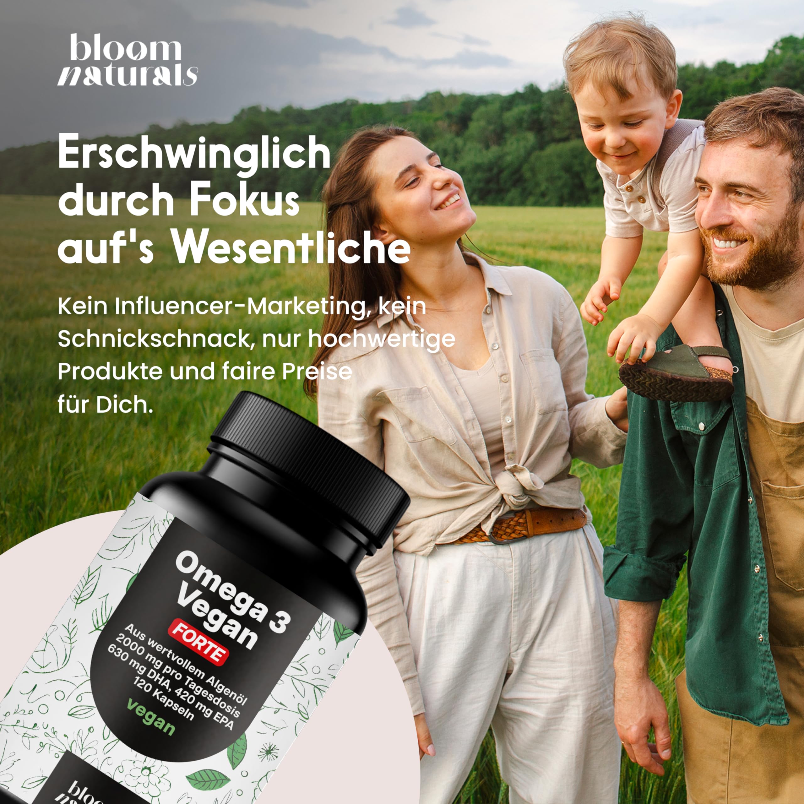Omega 3 Kapseln Hochdosiert FORTE Vegan - 120 Kapseln - 2000mg Algenöl - 630 mg DHA & 420 mg EPA - Vegan & Produziert in Deutschland - Laborgeprüft - Verpackung kann variieren