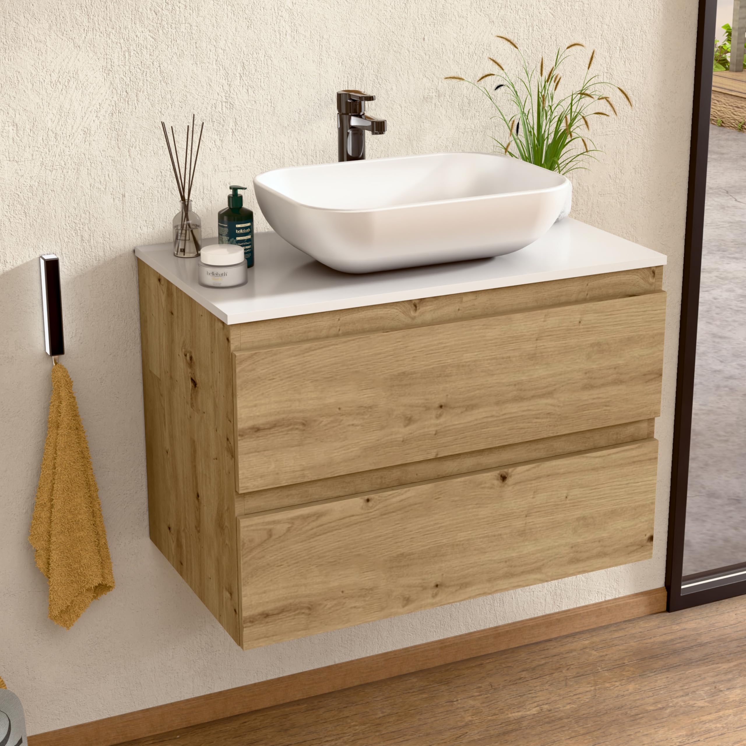 BELLOBATH - Mueble Baño Suspendido con Lavabo de Cerámica, Mueble Baño con Lavabo Montado con 2 Cajones, 60 x 55 x 46 cm, Mueble Roble y Tapa Blanca