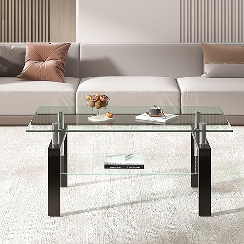 Miniatura 5 de Moderna mesa auxiliar rectangular de vidrio de 2 niveles, mesa de té de vidrio templado transparente para sala de estar, 39.4 x 23.7 x 17.68