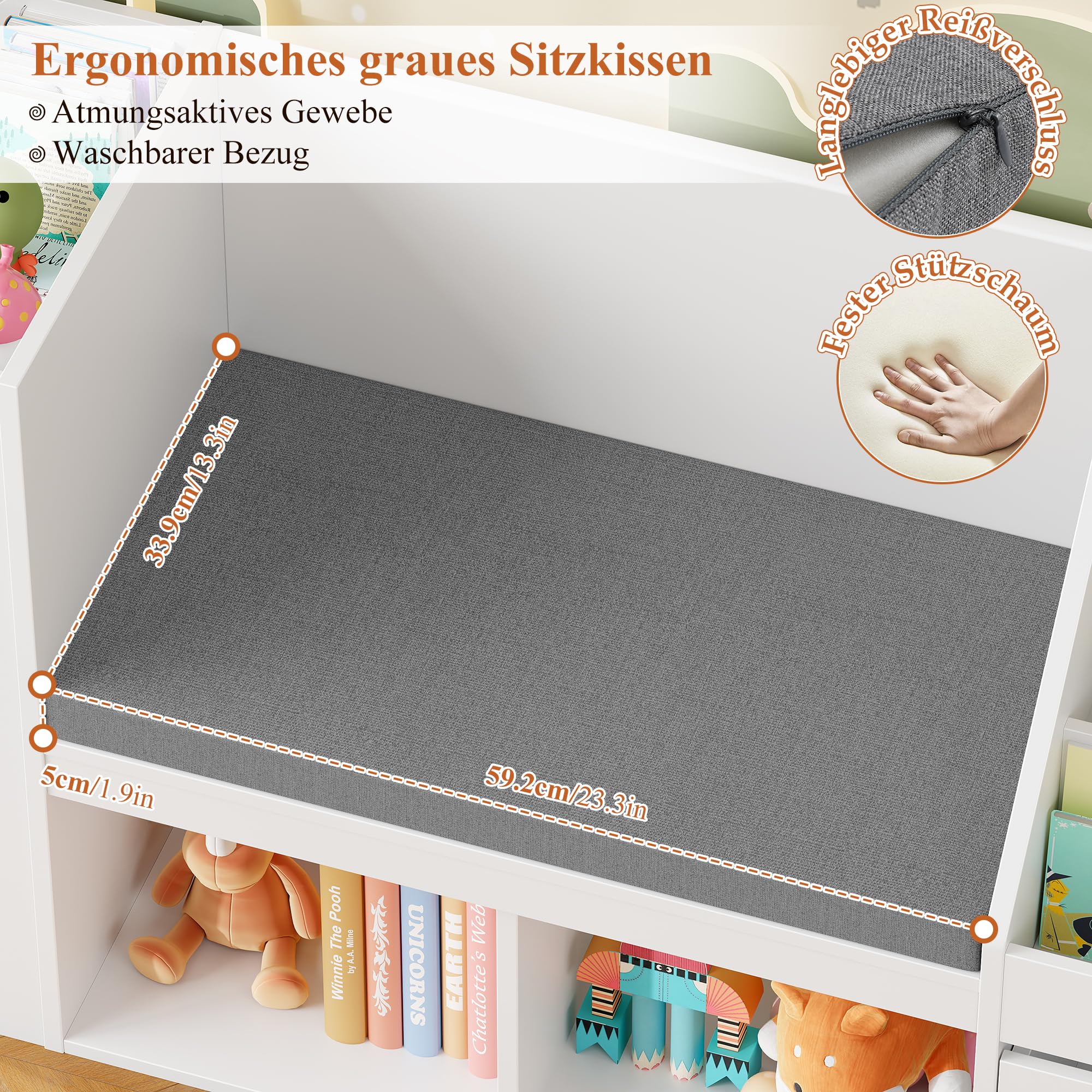 HOCSOK Kinderregal, Bücherregal Kinder mit Boxen auf Rollen, Spielzeugregal Kinderregal Aufbewahrung mit Sitzbank, Regal Kinderzimmer Weiß, 68×34×125 cm