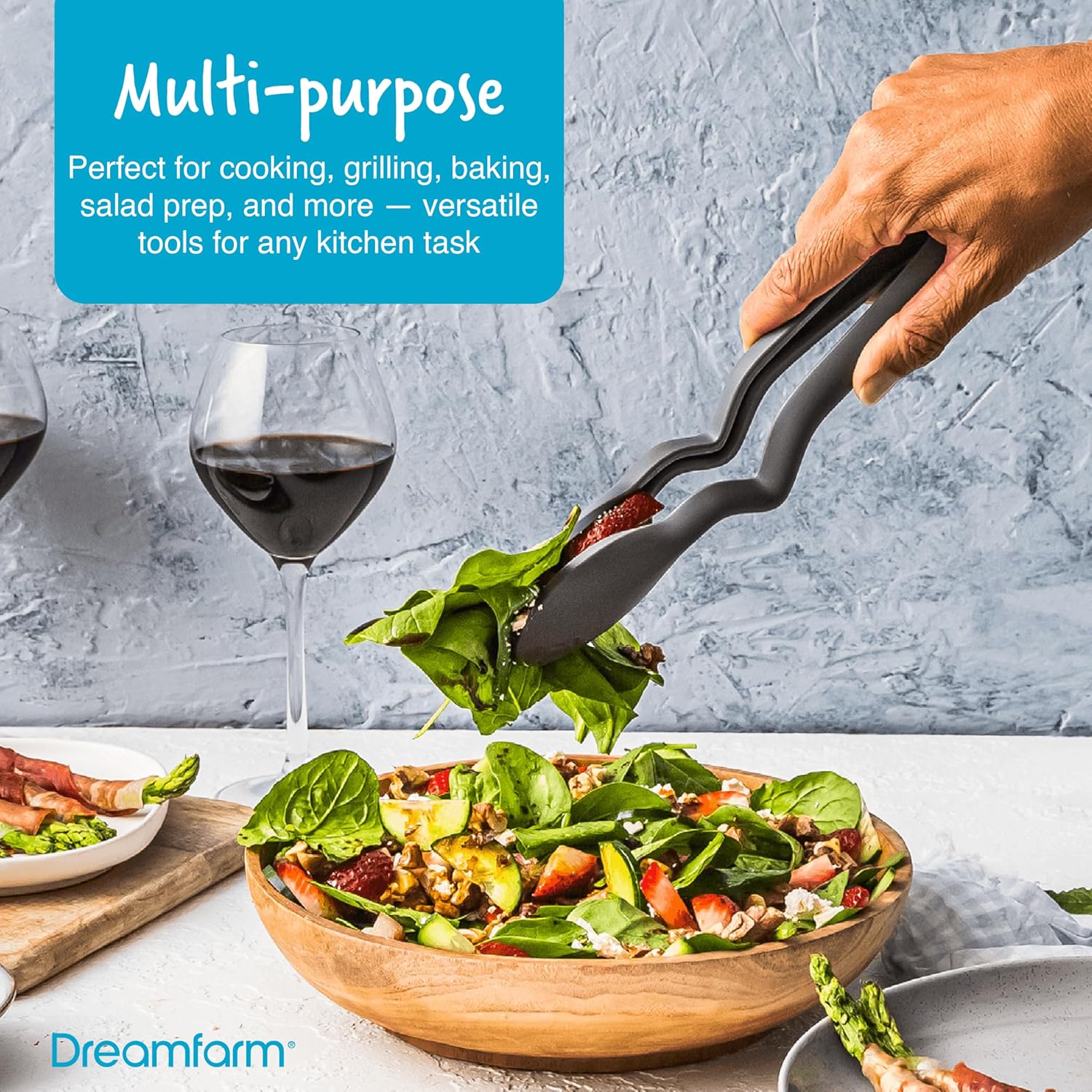 Dreamfarm Clongs Lite 10.5‑Inch Tongs – Nylon Click‑Lock Grilling & Cooking Essentials – Handles Bend to Sit Up on Bench or Pan Edge – BPA-Free, Heat Resistant & Dishwasher Safe (Grey & Black Set)