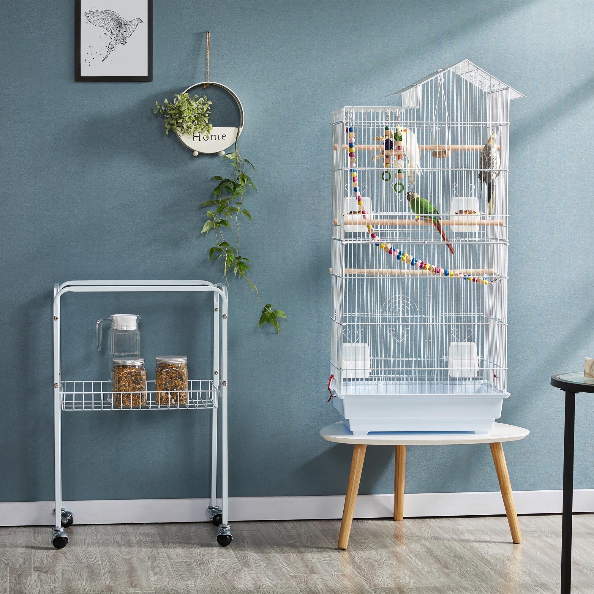Yaheetech Gabbia Voliera per Uccelli Pappagalli con Piedistallo Inseparabili Calopsite Ruote in Metallo Posatoi in Legno Giocattoli da Interno e Esterno Bianca 46 x 35,5 x 158,5 cm