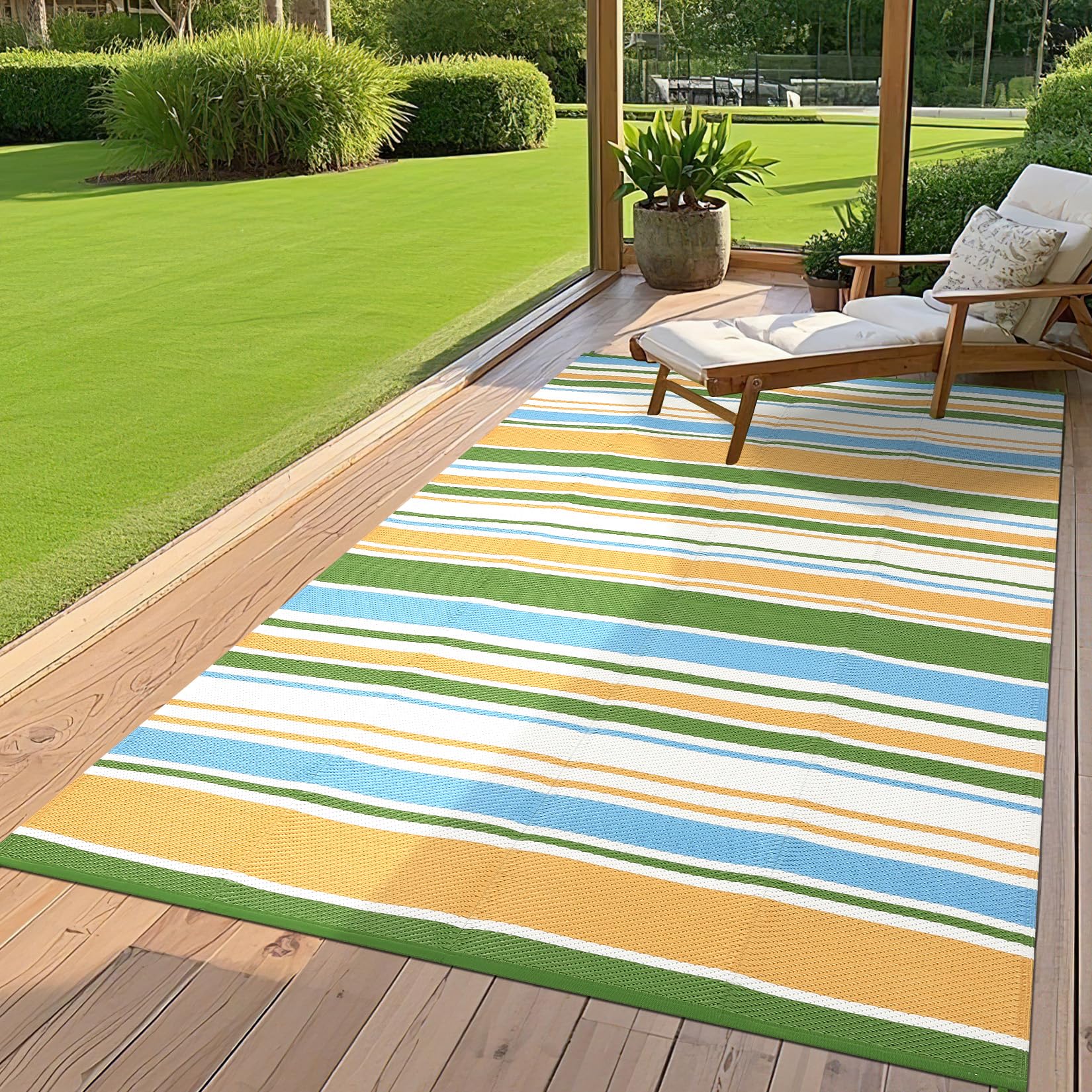 Garvee Tappeto Da Esterno in PP Intrecciato 320 Gsm - Reversibile, Impermeabile, Pieghevole e Leggero, Grande Tappeto Per Patio/Deck/Balcone/RV/Campeggio, Giallo/Blu/Verde/Bianco