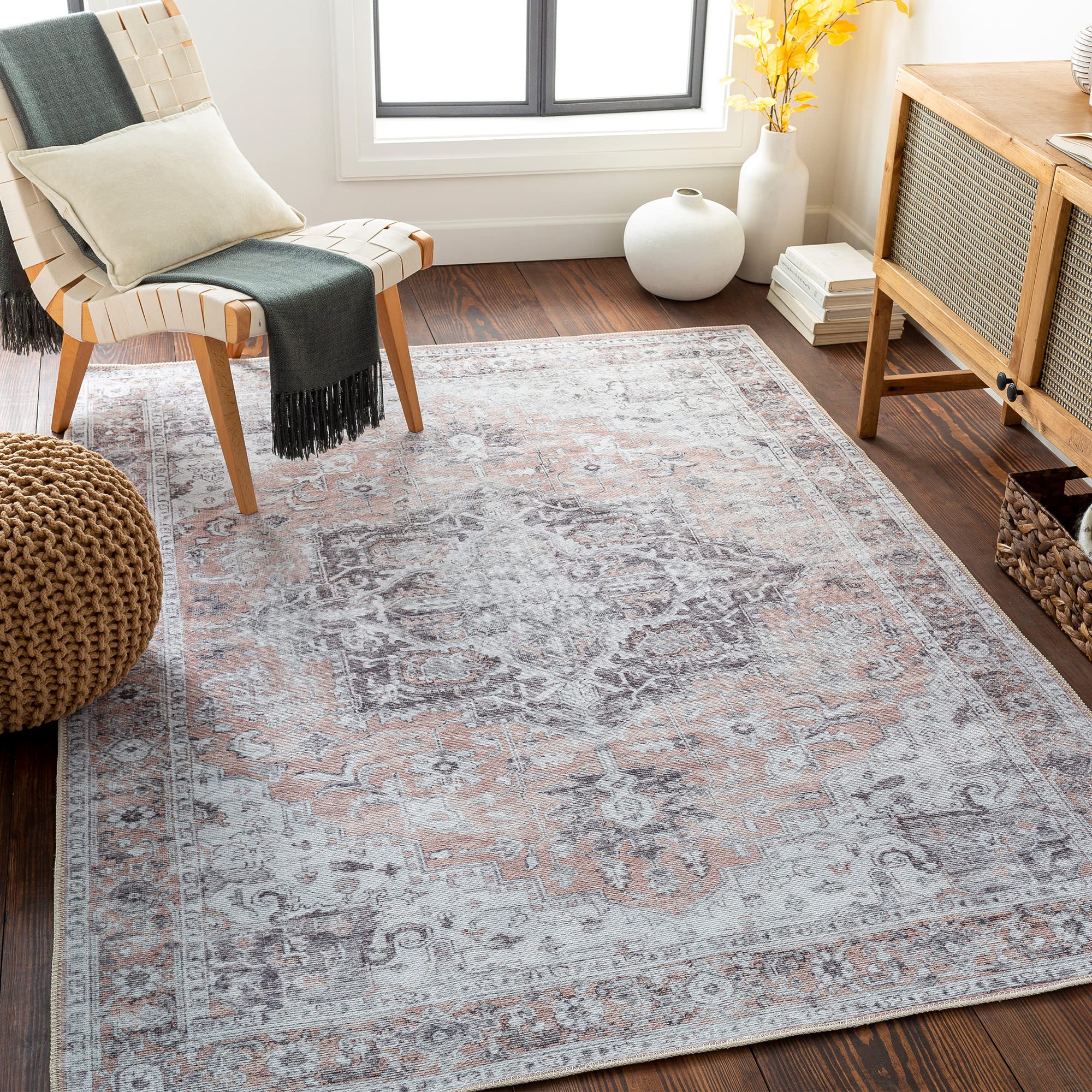 Livabliss Capucine Qatar Machine Washable Floor Covering 160x220 cm – Vintage Boho Pattern for Living Room, Dining, Kitchen & Hallway, Easy Care, Grey & Beige
