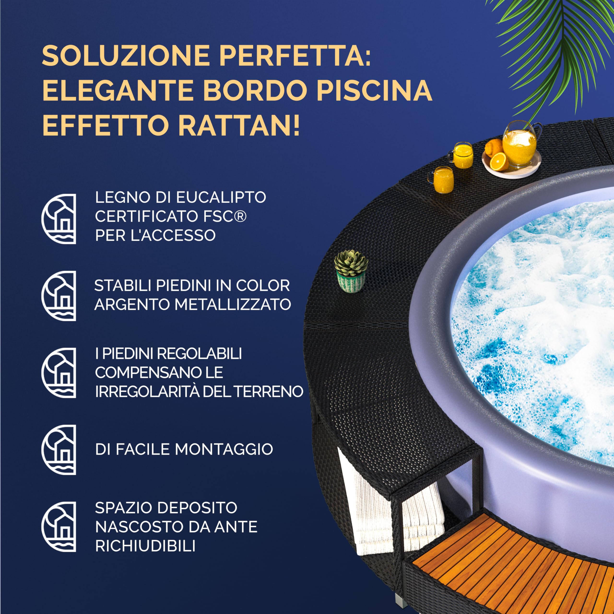 Casaria Cornice Vasca Idromassaggio Polyrattan Ø206cm Nero | Legno Eucalipto Certificato FSC, Whirpool, Bordo Piscina, Resistente ai Raggi UV, Telaio Zincato