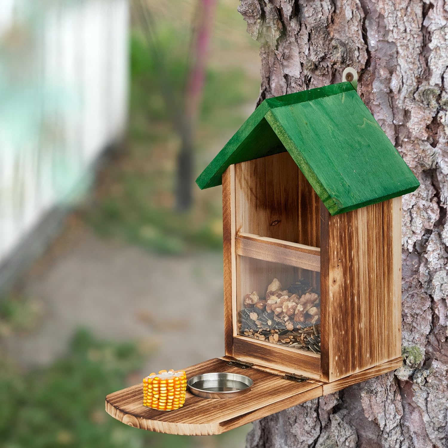 Relaxdays 1 x Wooden Squirrel Feeder with Corn Cob Holder Bowl Seat Platform Natural/Green