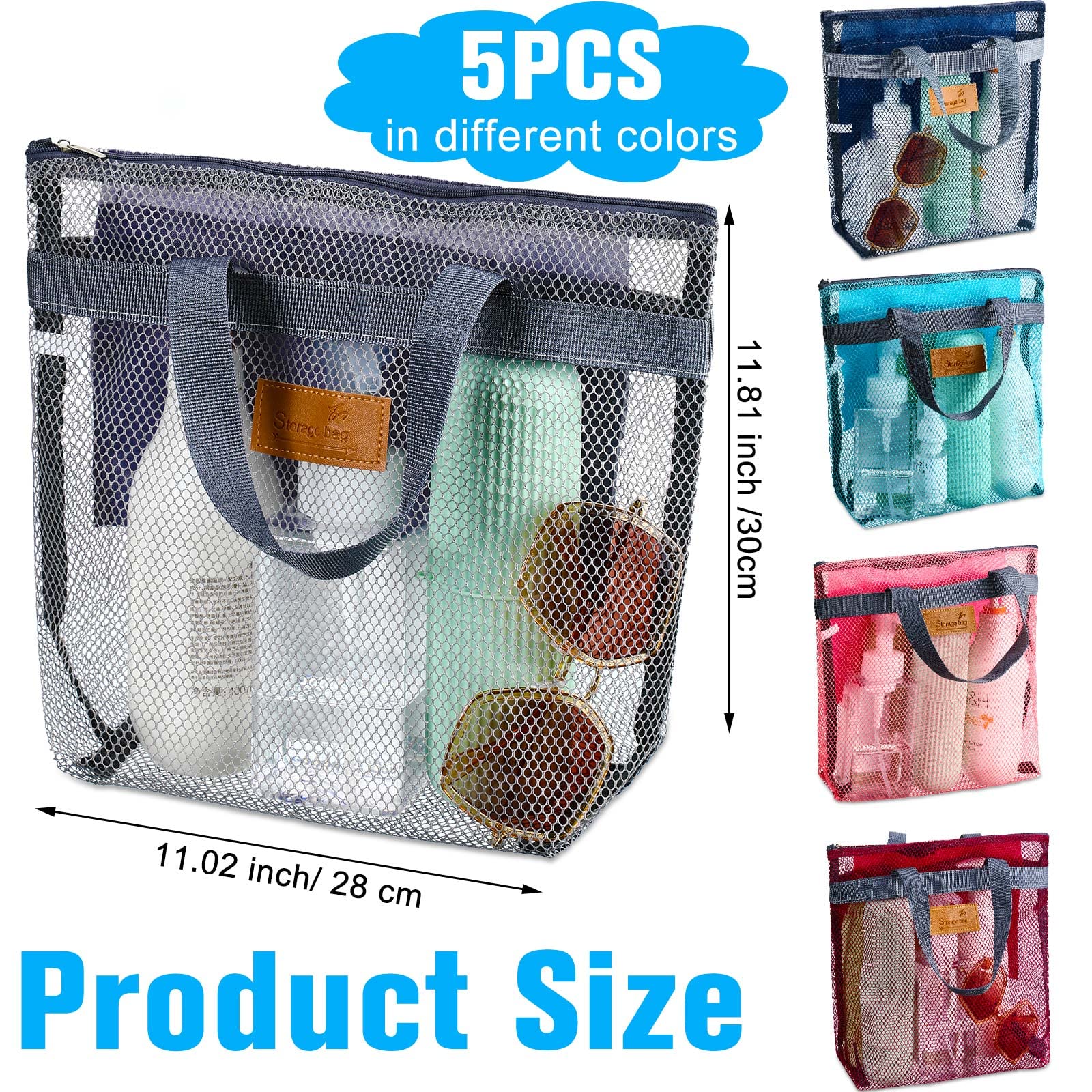 Tudomro 5 Pieces Mesh Shower Bag Caddy Tote Portable Quick Dry Tote Bag Lightweight Hanging Toiletry Bath Organizer for College Dorms Gym Swimming Beach Travel Games Sports