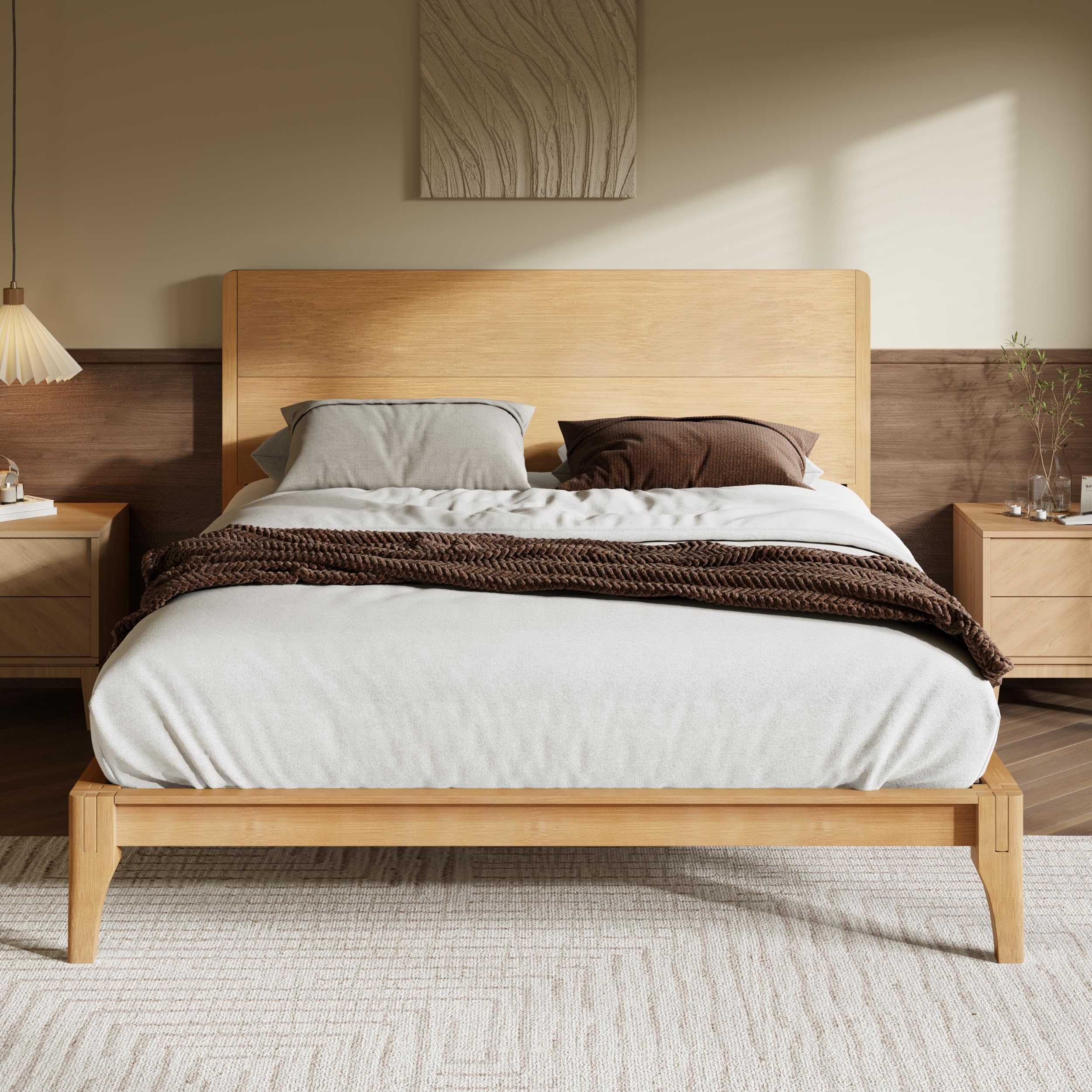 Merax Queen Size Bamboo Platform Bed, Mid-Century Modern Bed Frame with Tall Headboard, Solid Sustainable Bedframe Queen-Size, Wood Slat Support, No