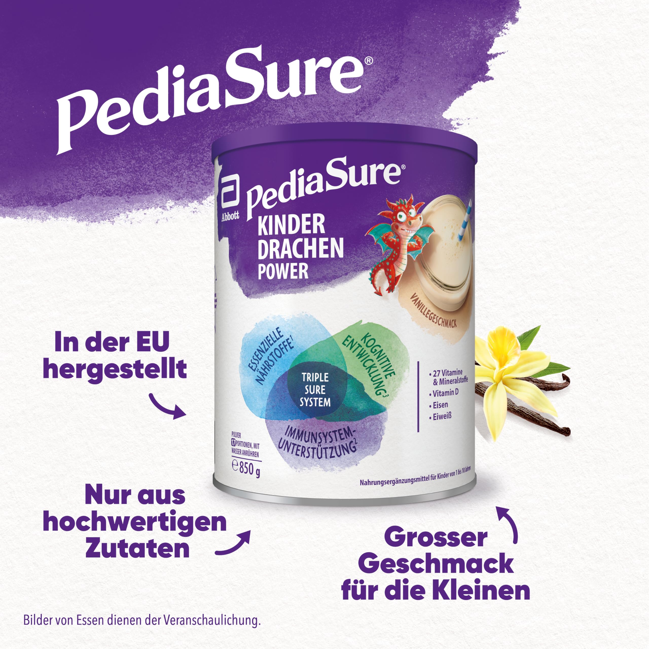 Pediasure Kinder Drachen Power Vanille 850g Nahrungsergänzungsshake ab 1 Jahr 27 Vitamine Mineralien Protein Triplesure Komplex