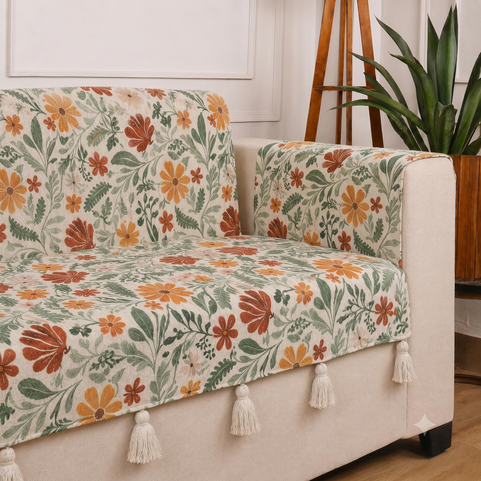 STITCHNEST 'Eden Weaves Collection Series' 3 Seater Sofa Cover | Full Coverage with Armrest Pockets | Elegant Woven Fabric, Decorative Tassels, Washable & Durable for Modern Living