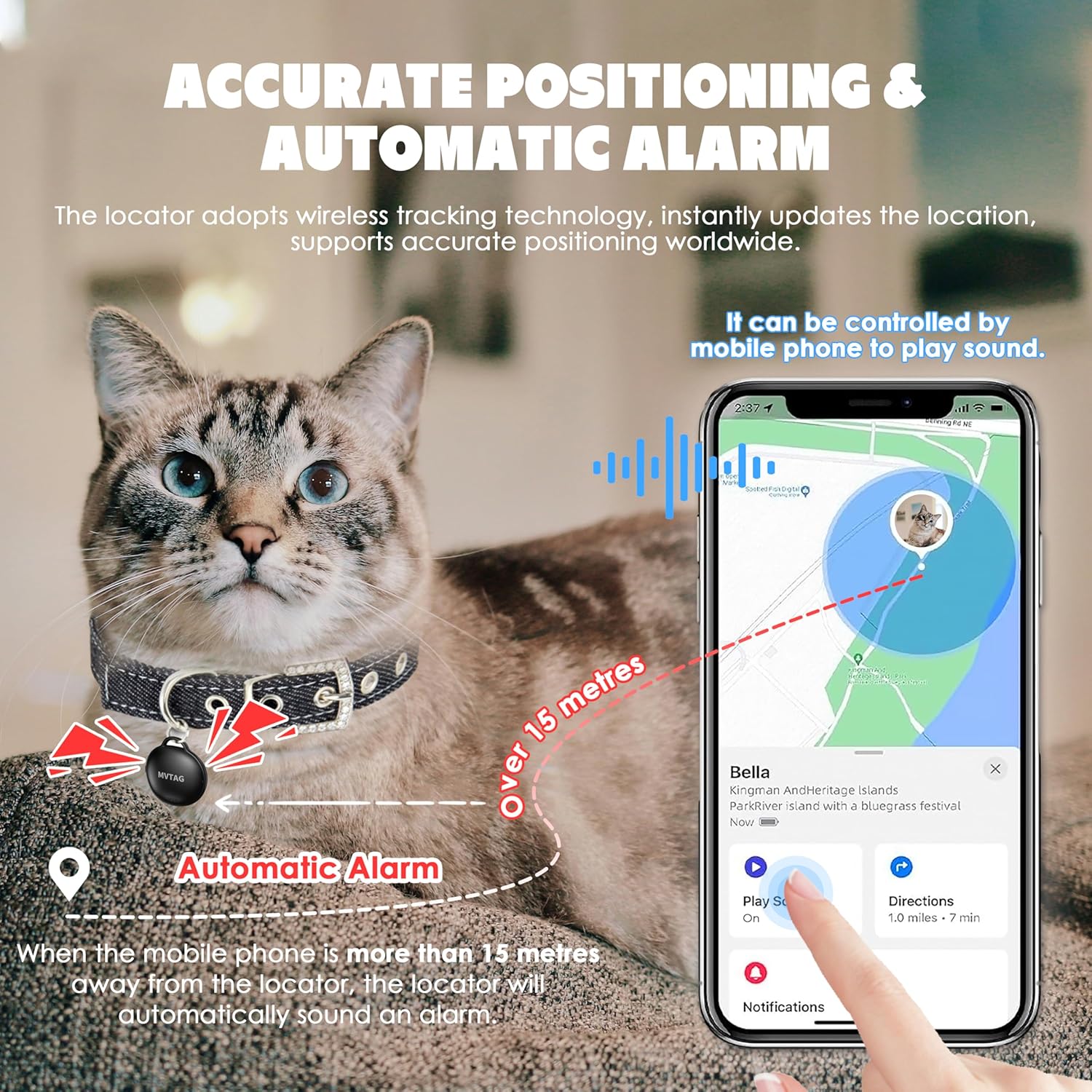 Cat Tracker GPS Collar No Monthly Fee, Real-Time Mini Pet Tracker for Small Medium Large Kittens, Reflective Waterproof Cat Tracking Collar with Bell, Indoor & Outdoor (Only for iOS)