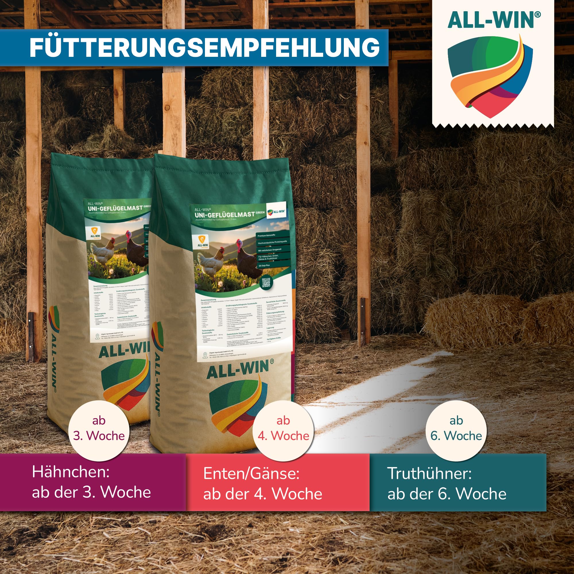 ALL-WIN Uni-Geflügelmast 20 kg – Hühnerfutter für Geflügelmast (Pellets) – Alleinfutter für Hähnchen, Enten, Gänse & Truthühner – mit natürlichem Oreganoöl, Non-GMO Soja, VLOG geprüft