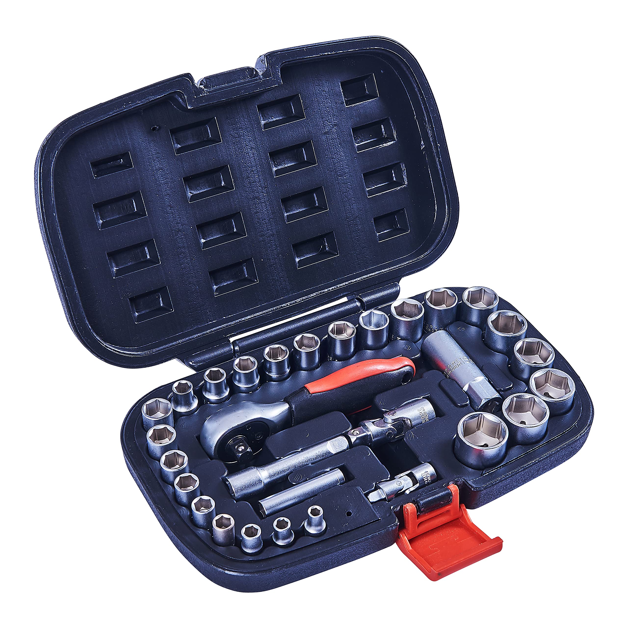 Amtech - 1/4in & 3/8in Socket Set, Dual-Drive 72T Ratchet, Extension, Universal Joint & Spark Plug Socket, for car, Plumbing and Home Repairs (30pc)