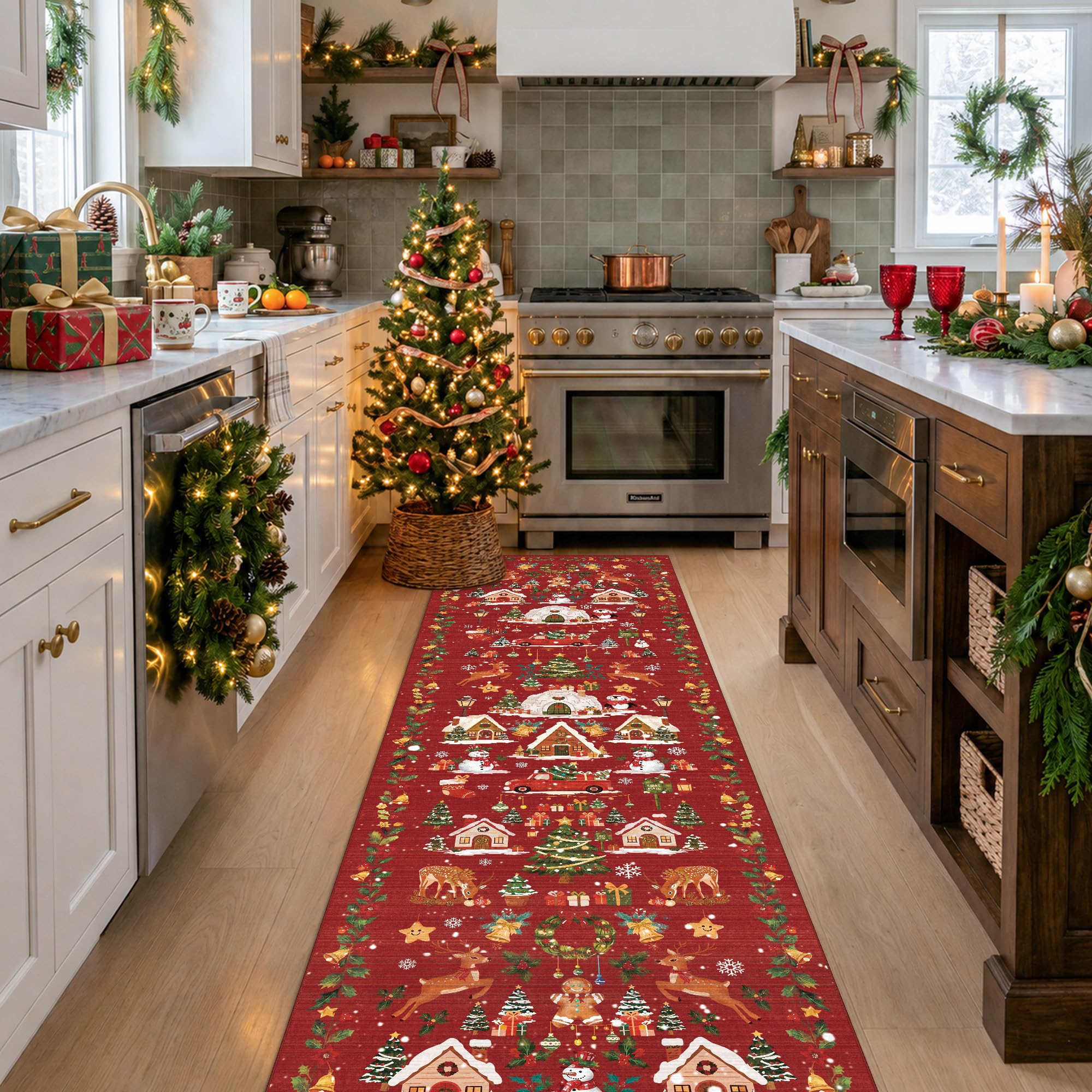 Christmas 2x8 Hallways Runner Rug - Red Santa Claus Kitchen Rugs Non-Slip Washable Entryway Bathroom Rugs Winter Soft Low Pile Floor Carpet for Hallway Bedroom for （2x8，Red）