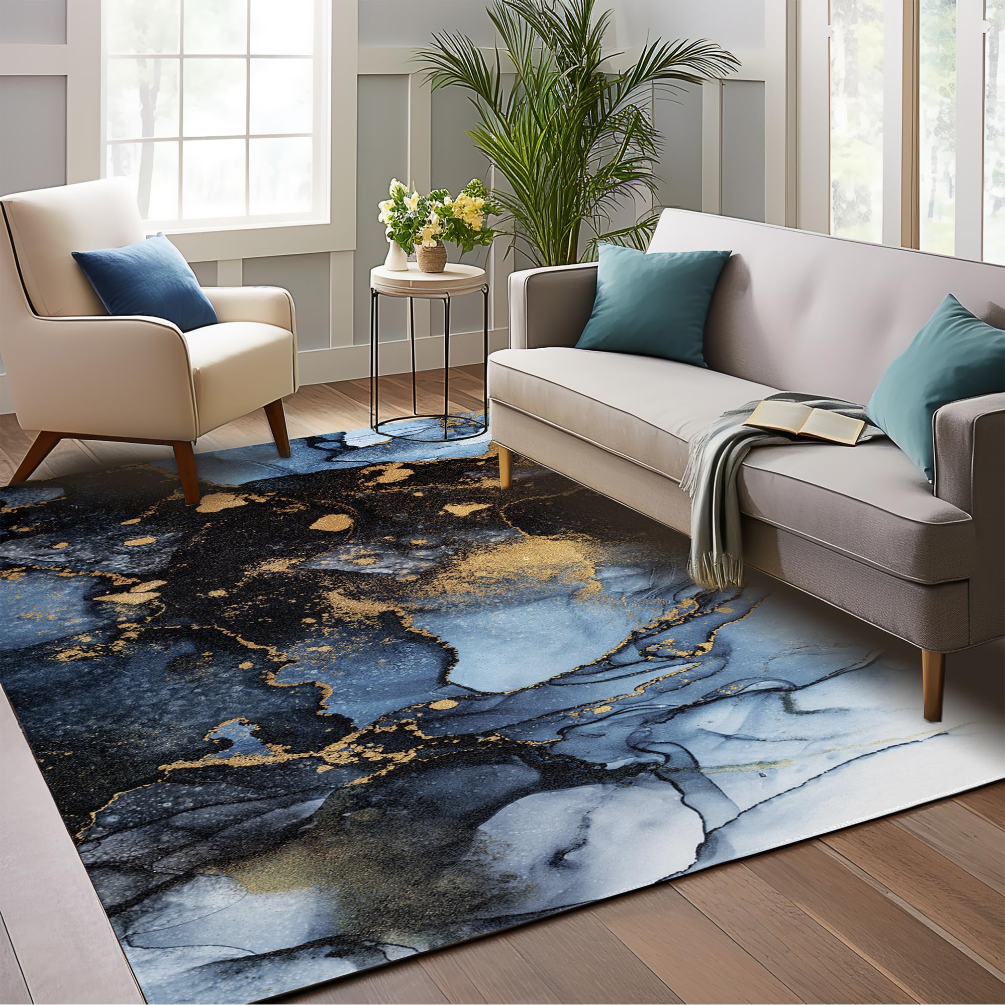 Black Gold Marbles Area Rugs,Washable Abstract Marble 5x7 Rug for Living Room Rug Soft Anti-Skid Thin Carpet Indoor Floor Carpets for Bedroom Dining