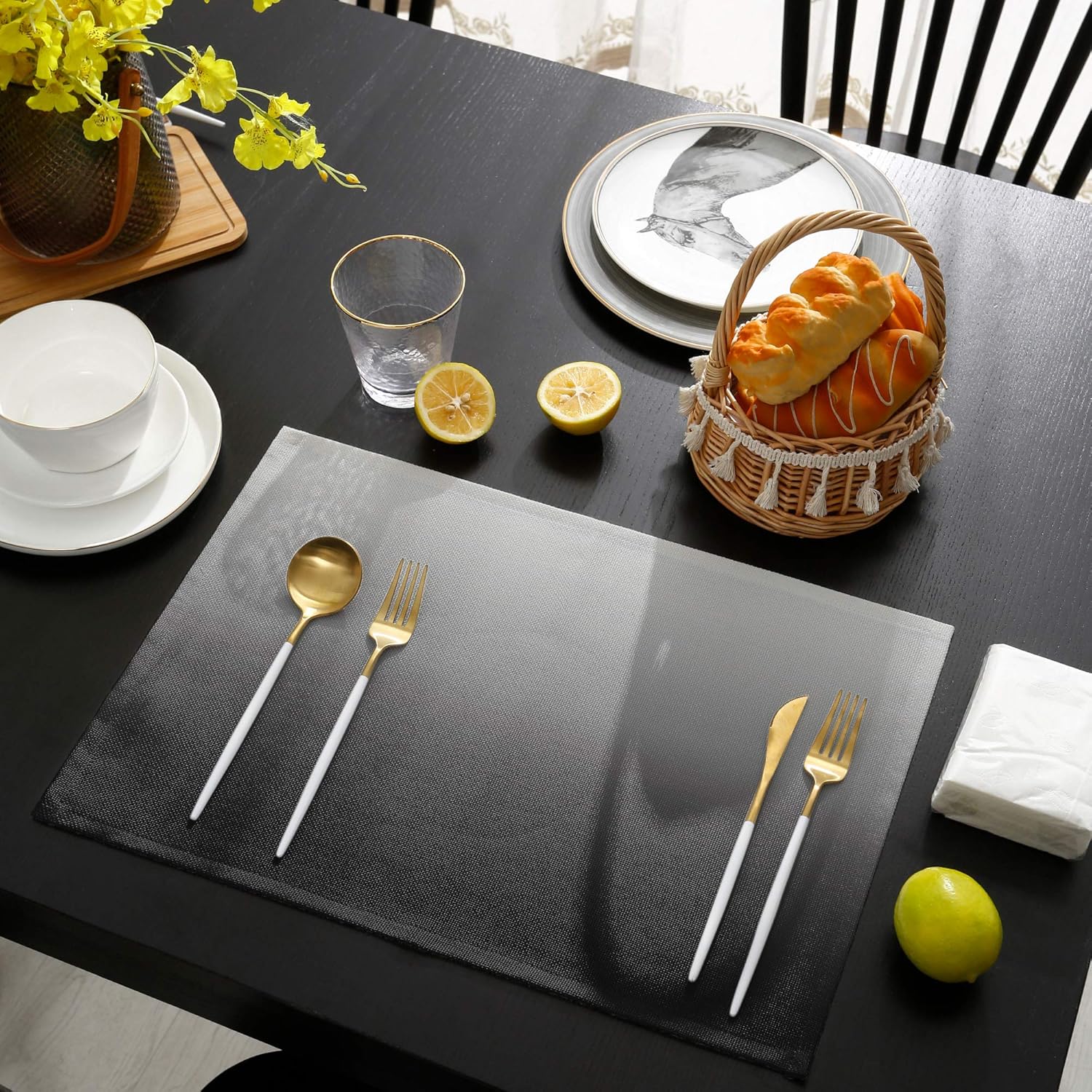 Chic D Indoor Placemats for Dining/Round/Kitchen Table, Black Gray, Table Mats Set of 6 Washable Non-Slip Heat Resistant Table Placemats, Ombre, Suitable for Kids/Woman/Man
