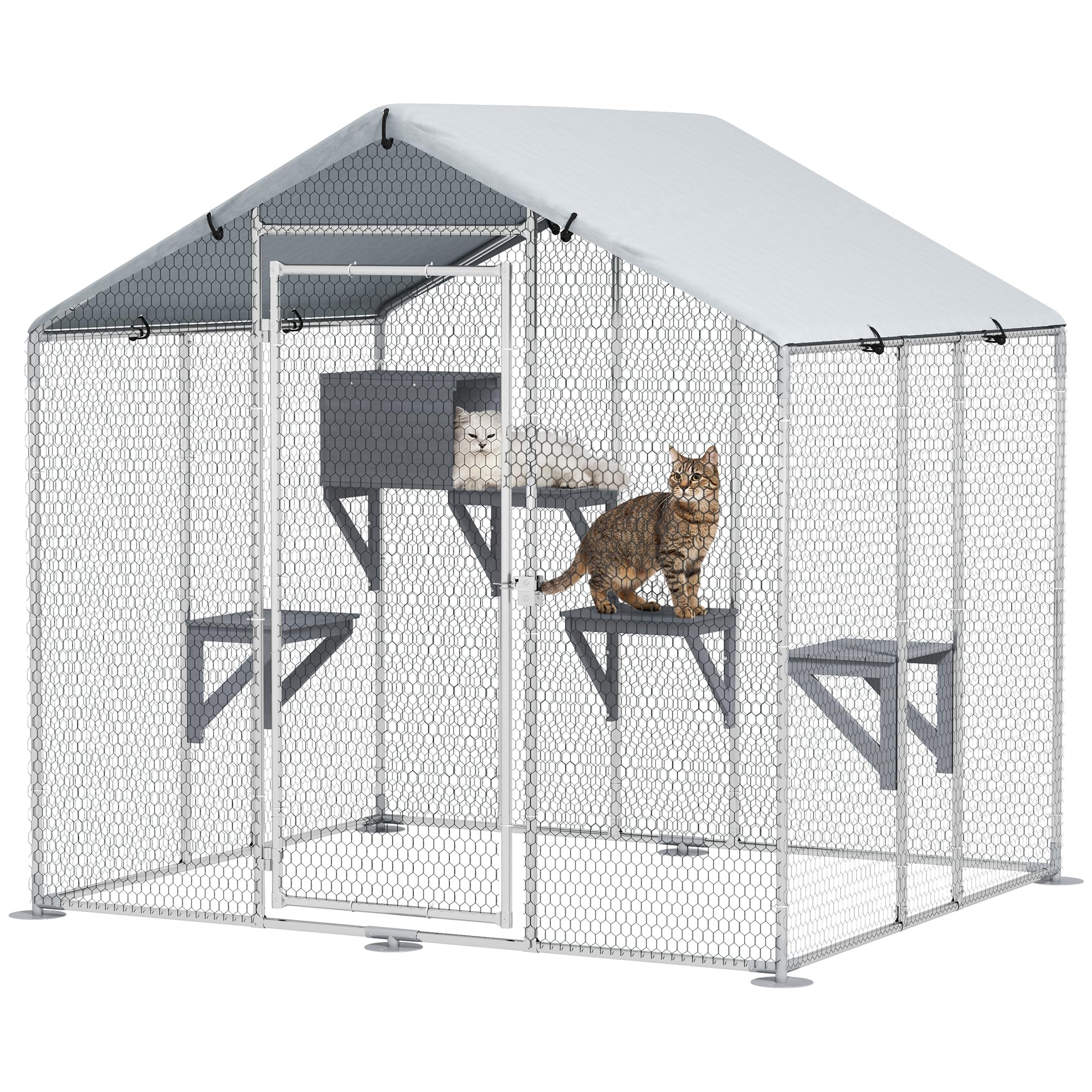 PawHut Jaula para Gatos con Cubierta Impermeable 420D Plataformas y Condominio para 5 Gatos Refugio para Pollos Conejos 200x170x195 cm Plata