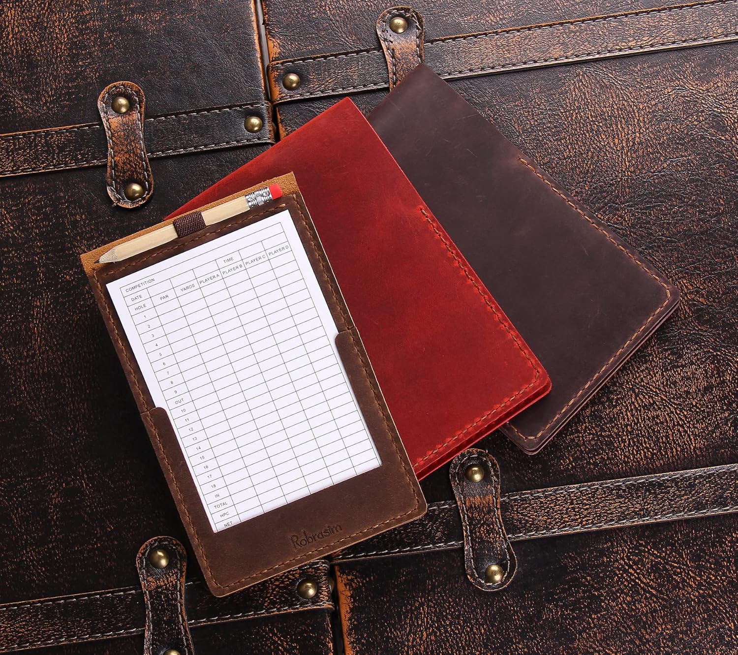 Robrasim Handmade Leather Yardage Book Cover, Leather Golf Scorecard Holder with Built-in Pencil Loop
