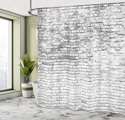 Miniatura 4 de Ambesonne Cortina de ducha de pared de ladrillo, impresión de imagen de arquitectura de mampostería desgastada y agrietada, juego de decoración de