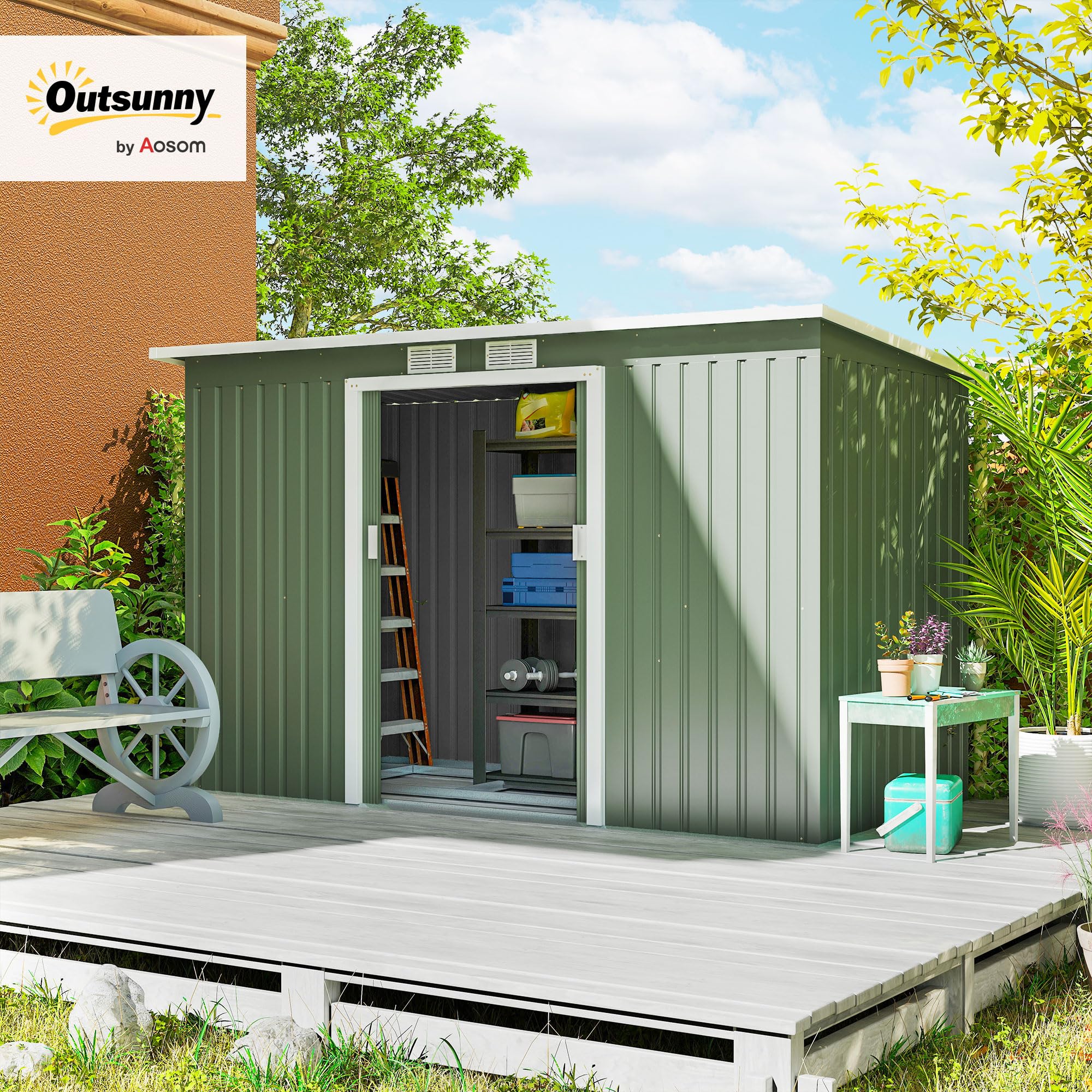 Outsunny Casetta da Giardino 3.2m² in Acciaio Zincato con Kit Fondazione, Prese d'Aria, Capanno Porta Attrezzi con Tetto Inclinato, Doppia Porta Scorrevole Bloccabile, Verde Chiaro