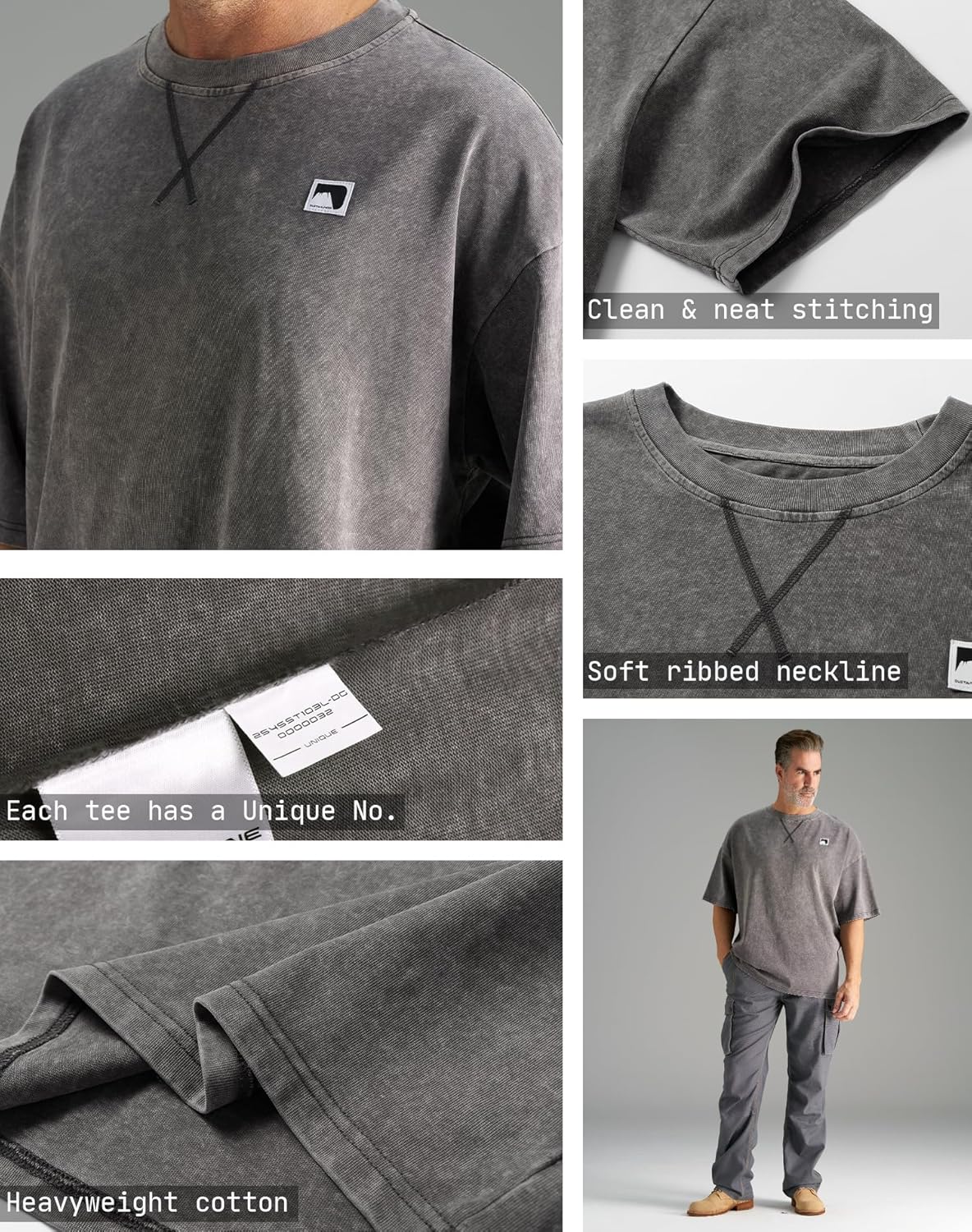 CHRONOLINE Men's Heavyweight T-Shirt Oversized Cotton Vintage Washed Tee Fall Winter Thick Crew Neck Short Sleeve Layered Top - Image 7