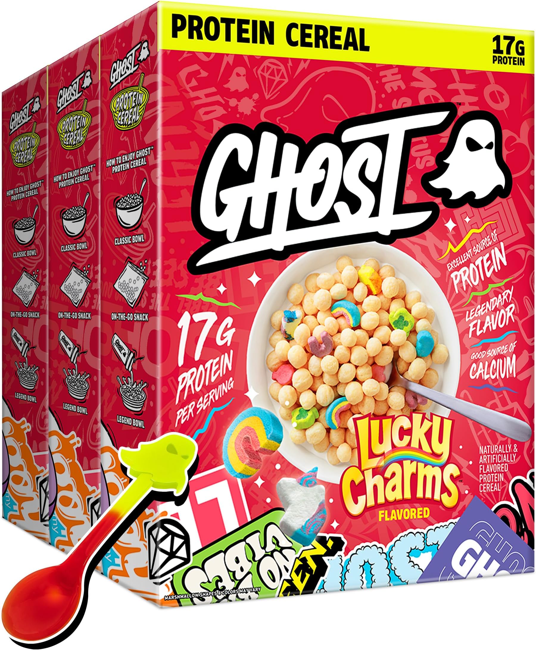 GHOST Protein Cereal, Marshmallows (3-Pack) - Contains Lucky Charms Marshmallows - 17G Protein, Good Source of Calcium - Breakfast Cereal & Snack - 9.4oz Box
