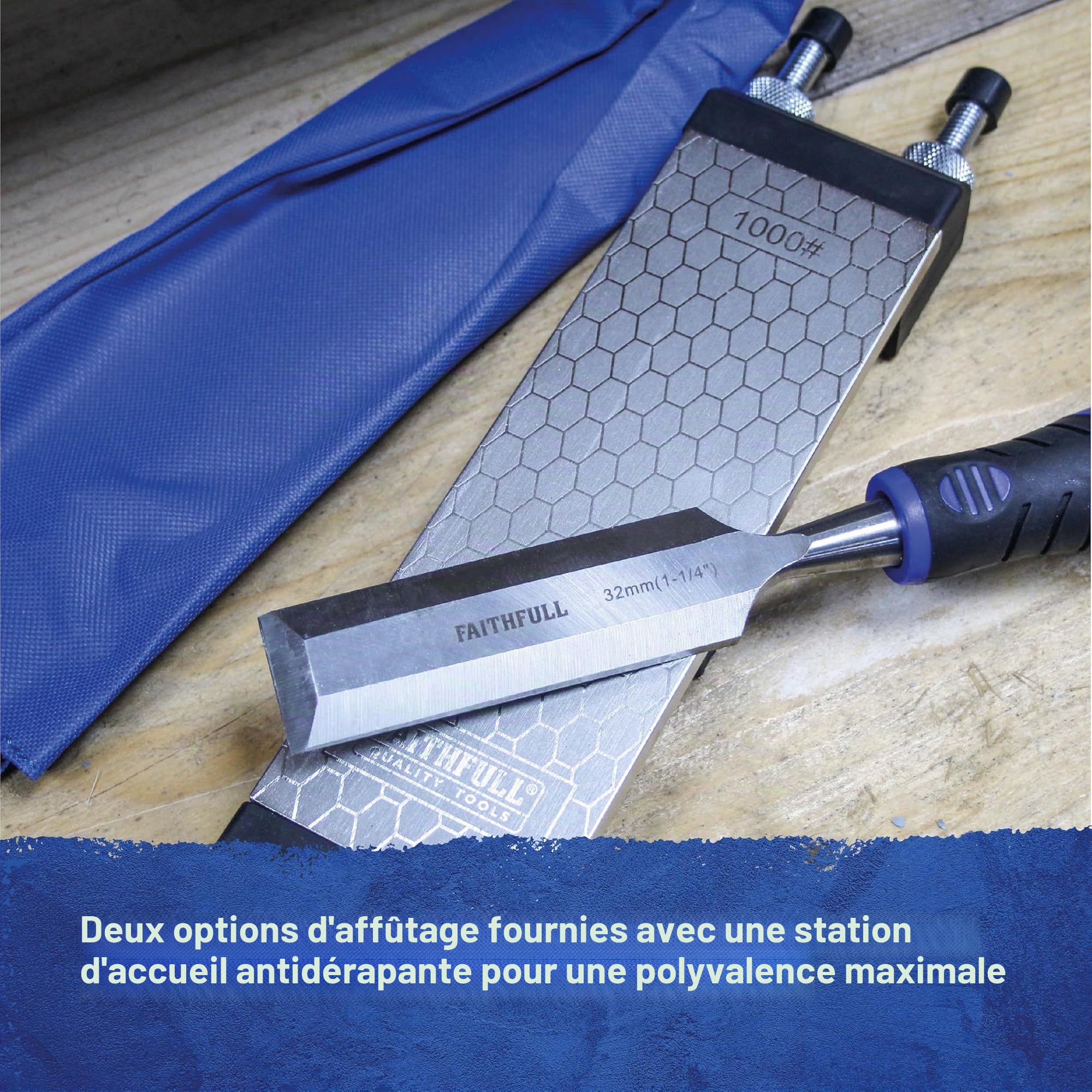 Kit de pierre à aiguiser diamantée double face Faithfull – Pierre à aiguiser avec station d'accueil et étui de rangement, grain 400 g / 1000 g pour ciseaux, fers de rabot et lames – 200 x 70 mm