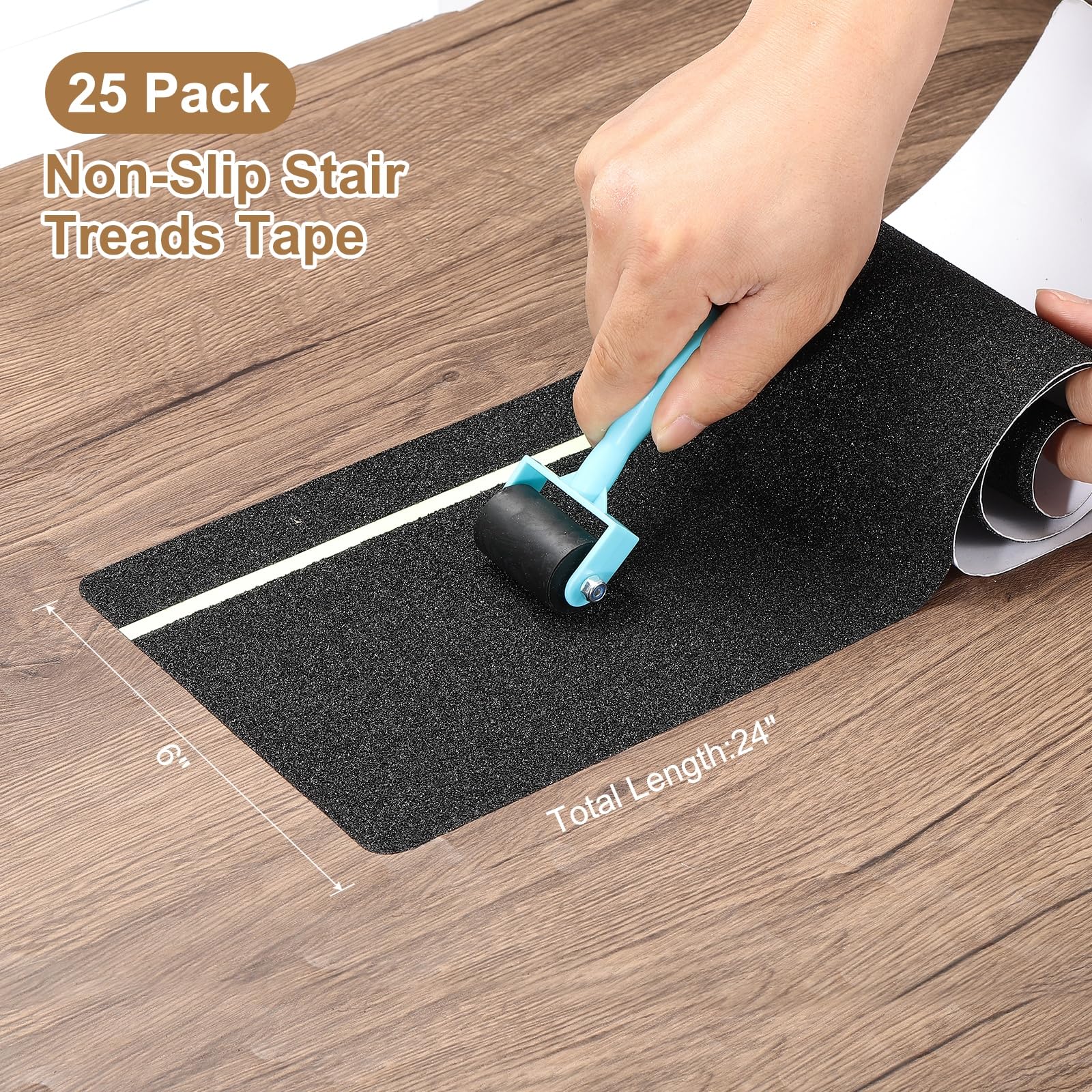 PATIKIL 15x61cm Cinta Antideslizante Para Escalones Negra, Paquete De 25 Tiras Autoadhesivas Antideslizantes Con Franja Verde Fosforescente De 6mm Para Escalones De Madera