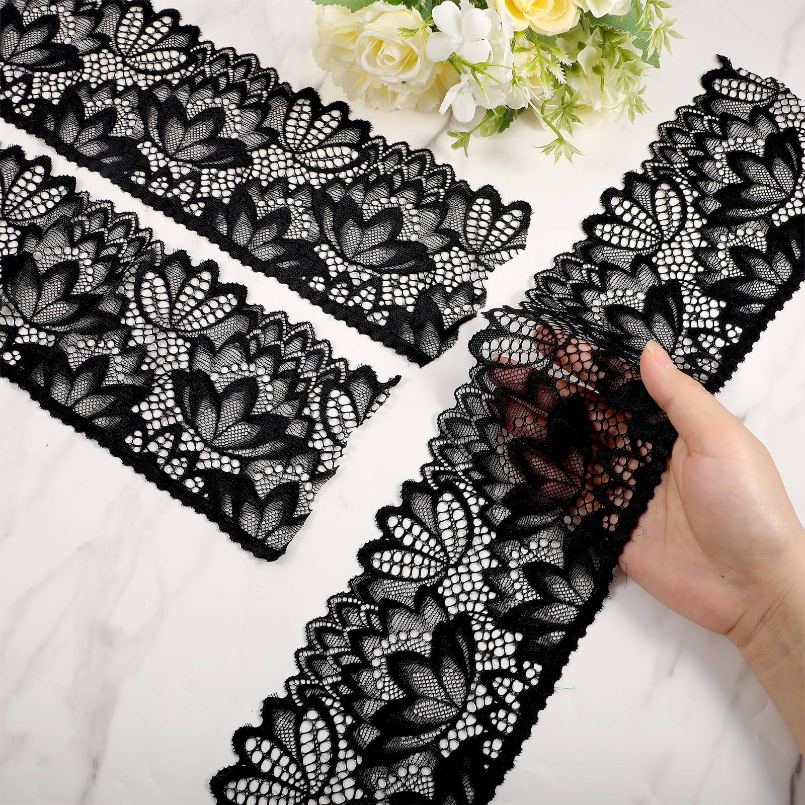 Black Lace Trim,5 Yards Stretch Lace Trim Floral Pattern Stretchy Fabric for Wedding Dress Bridal Decorations Sewing Crafts DIY Projects